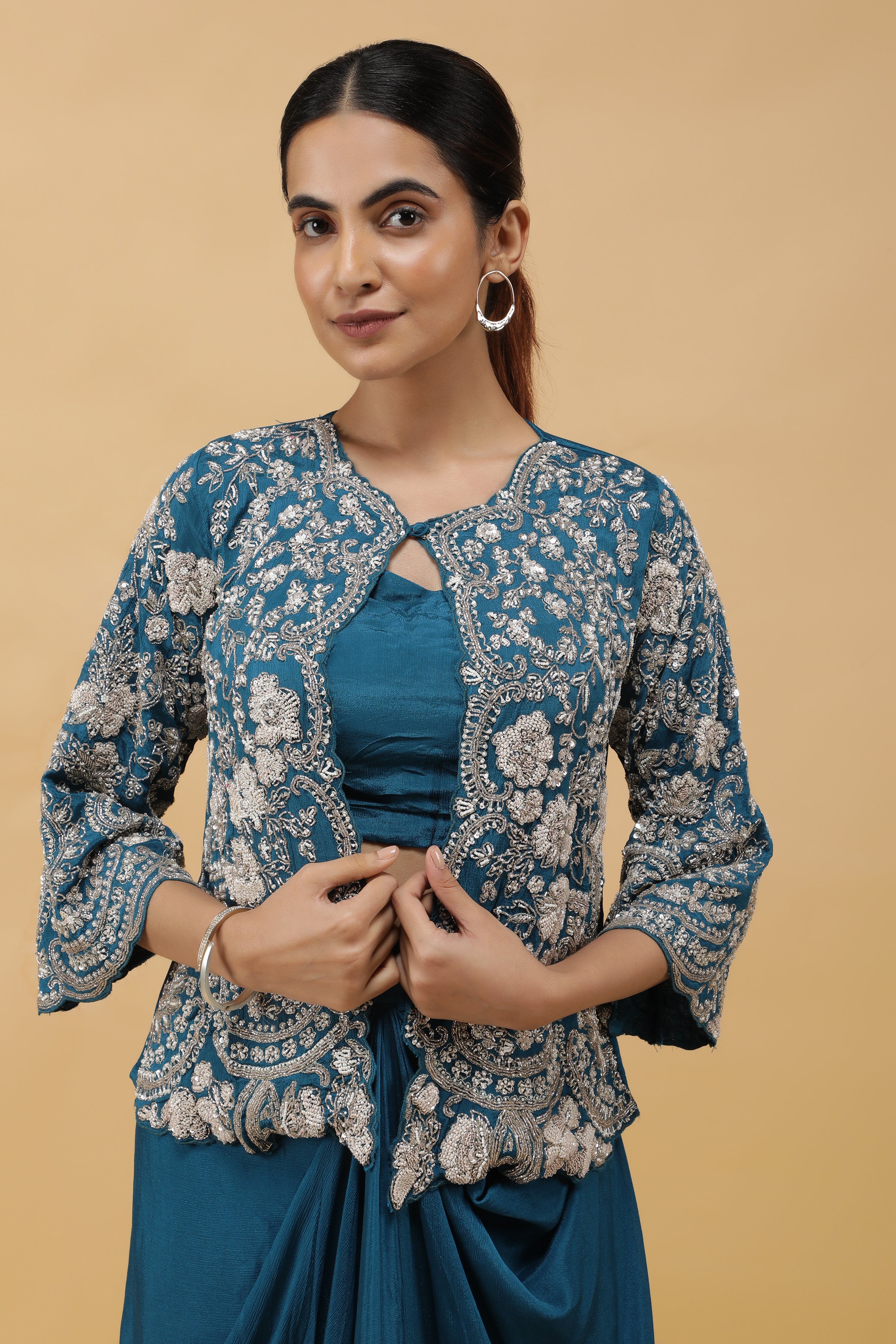Royal Azure Kutdana Embroidered Crop Top, Draped Skirt & Jacket Set