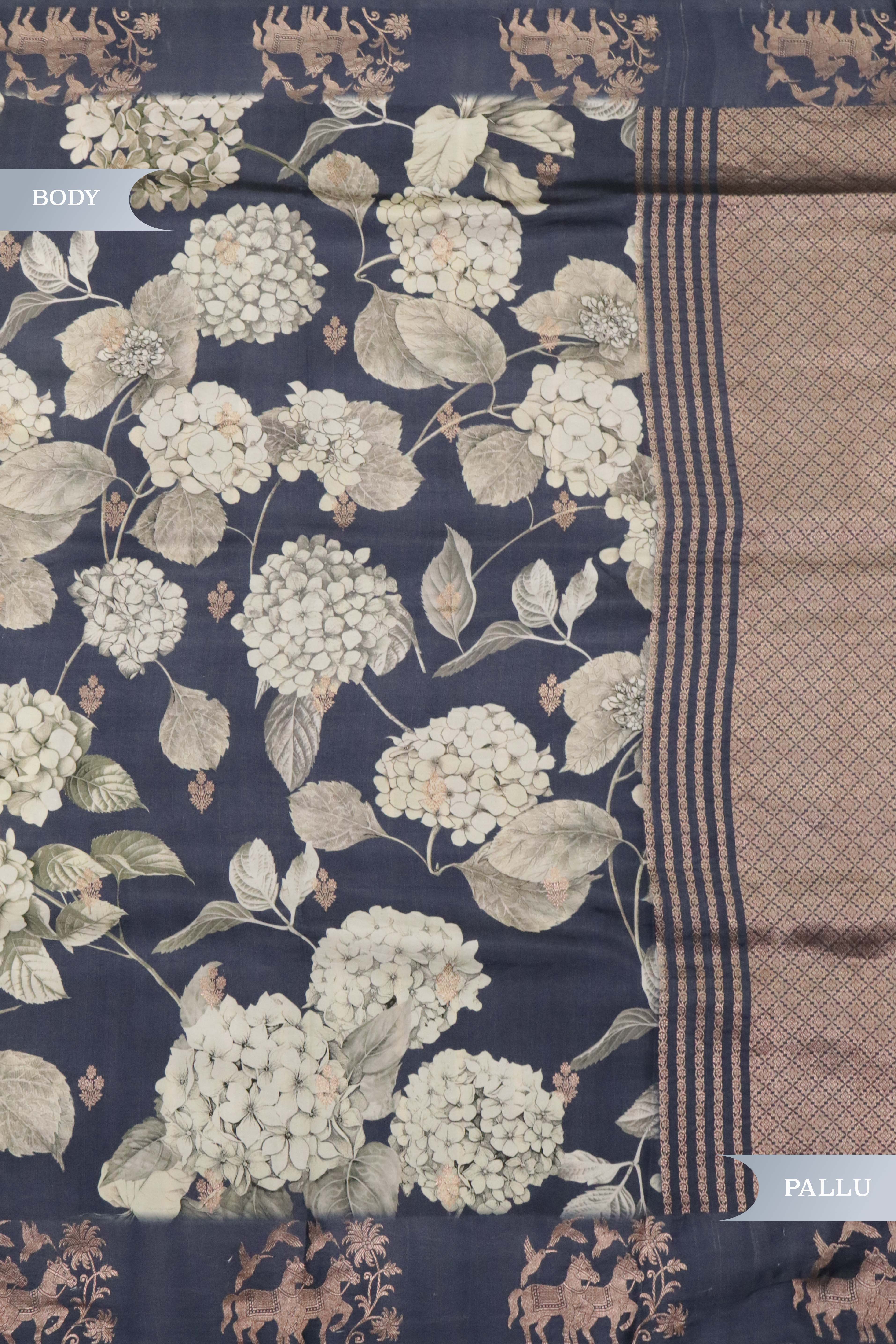 Dark Grey Silk Saree with Floral Print & Zari Border