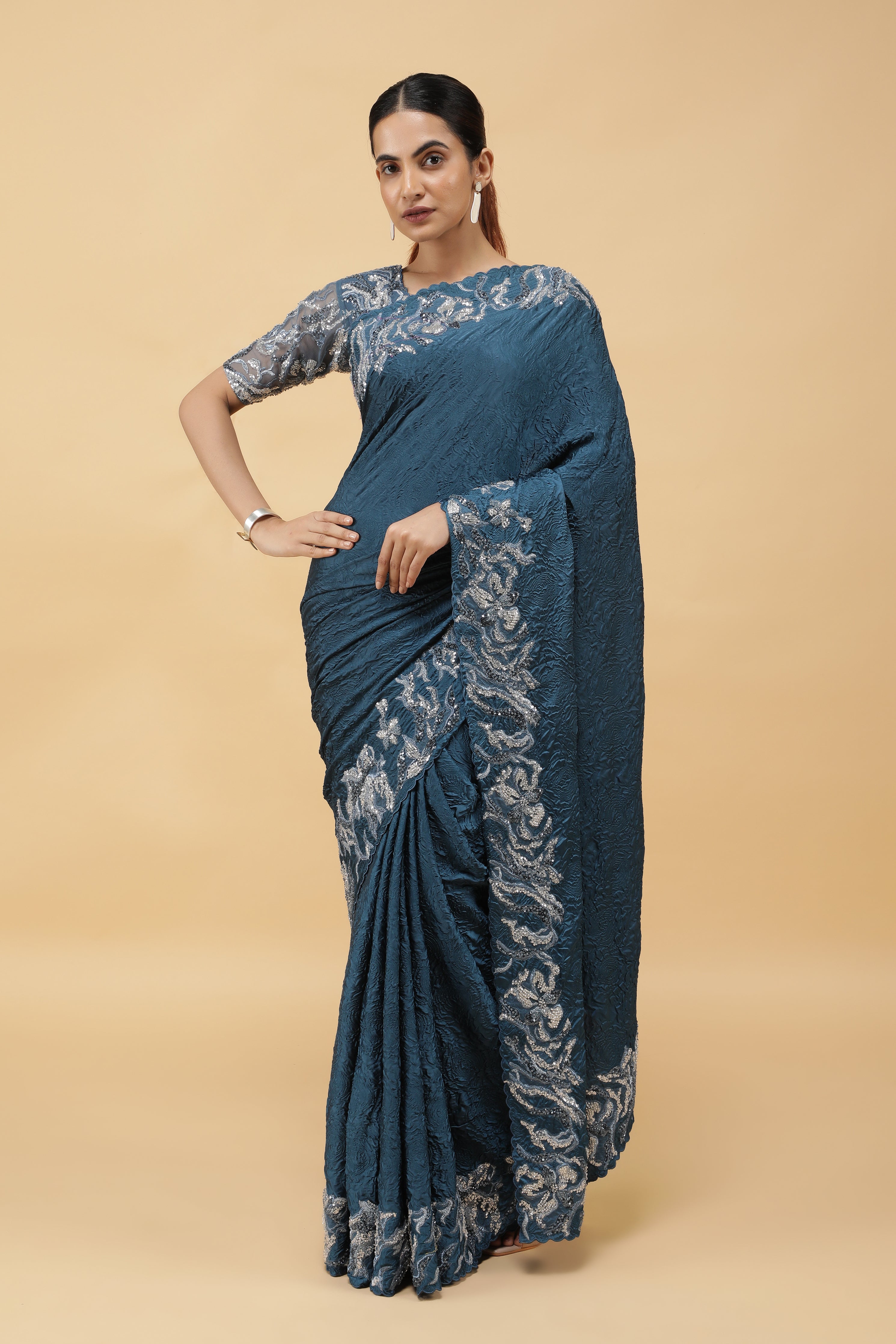Teal Blue Crepe Silk Saree with Beaded Border