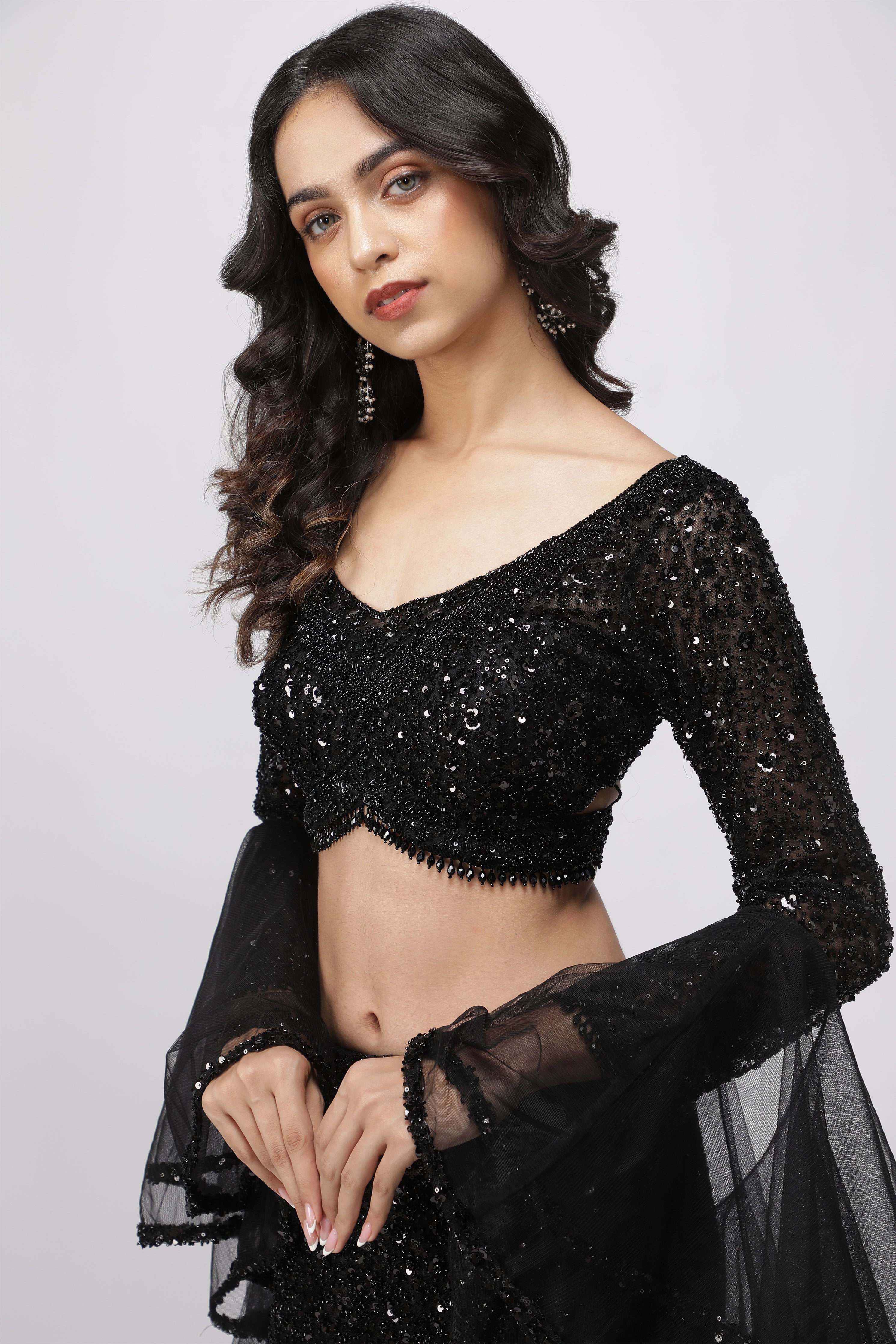 Black Net Sequin Embroidered Lehenga Set with Cape