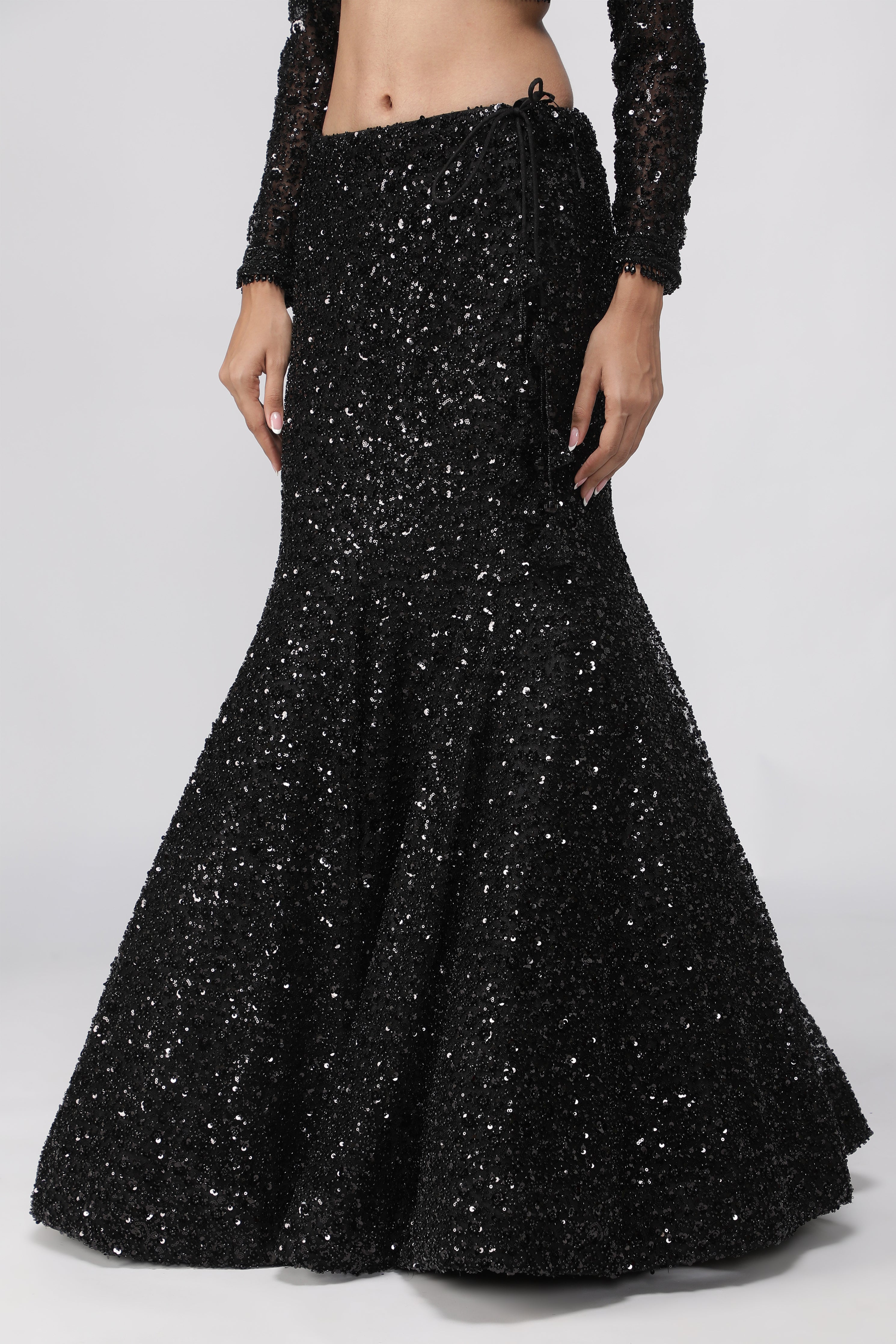 Black Net Sequin Embroidered Lehenga Set with Cape
