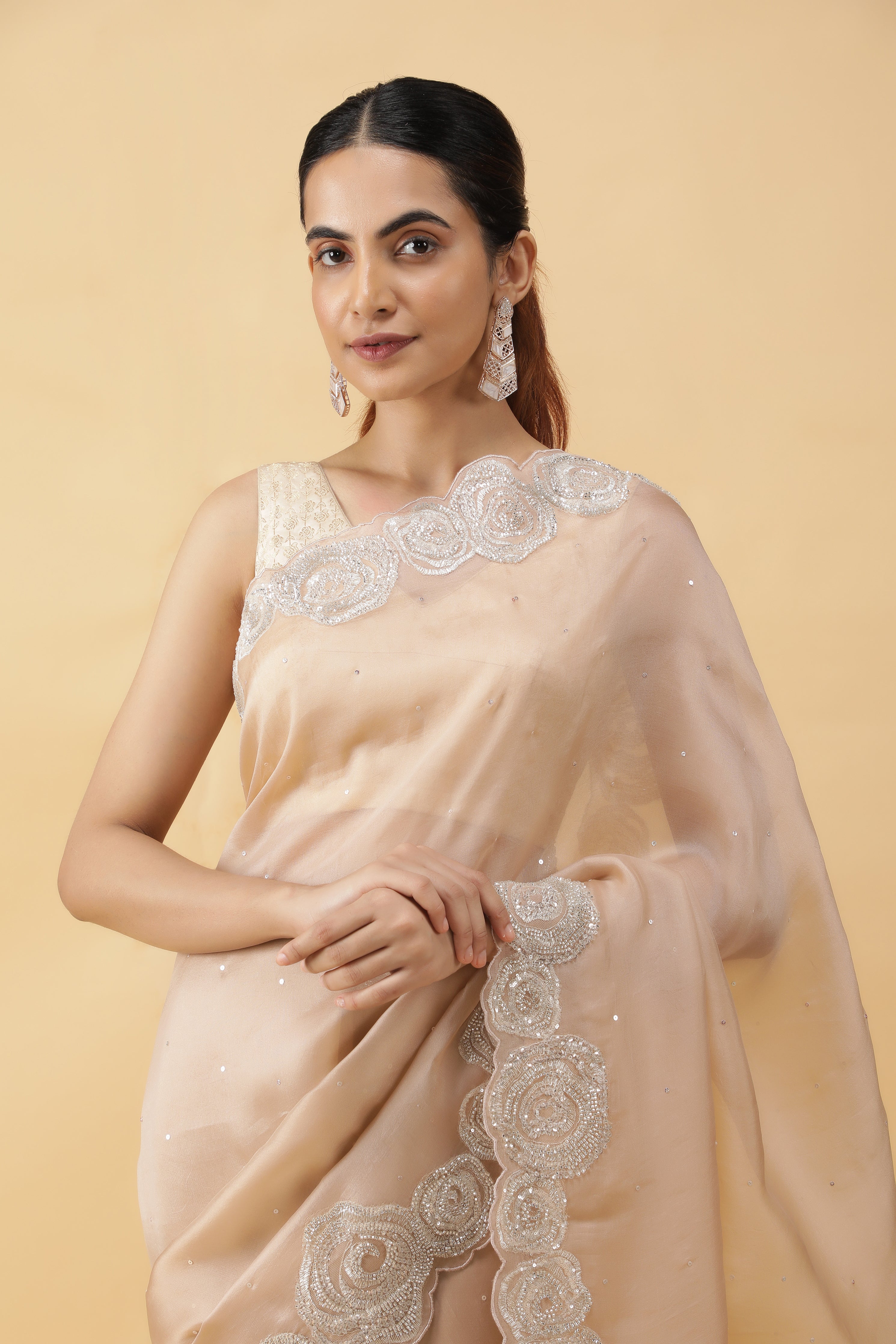 Ivory Silk Organza Saree with Sequins & Bead Border