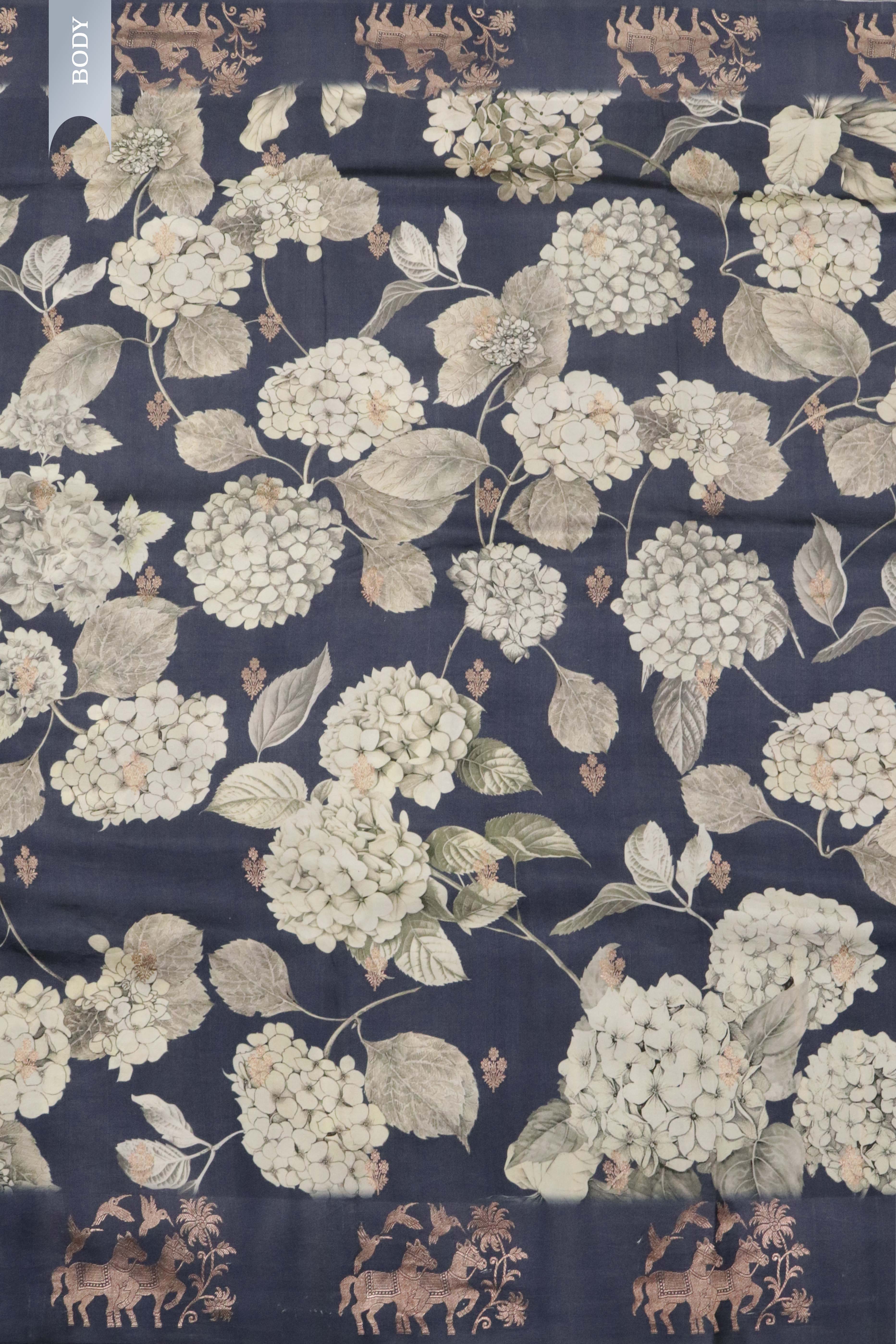 Dark Grey Silk Saree with Floral Print & Zari Border