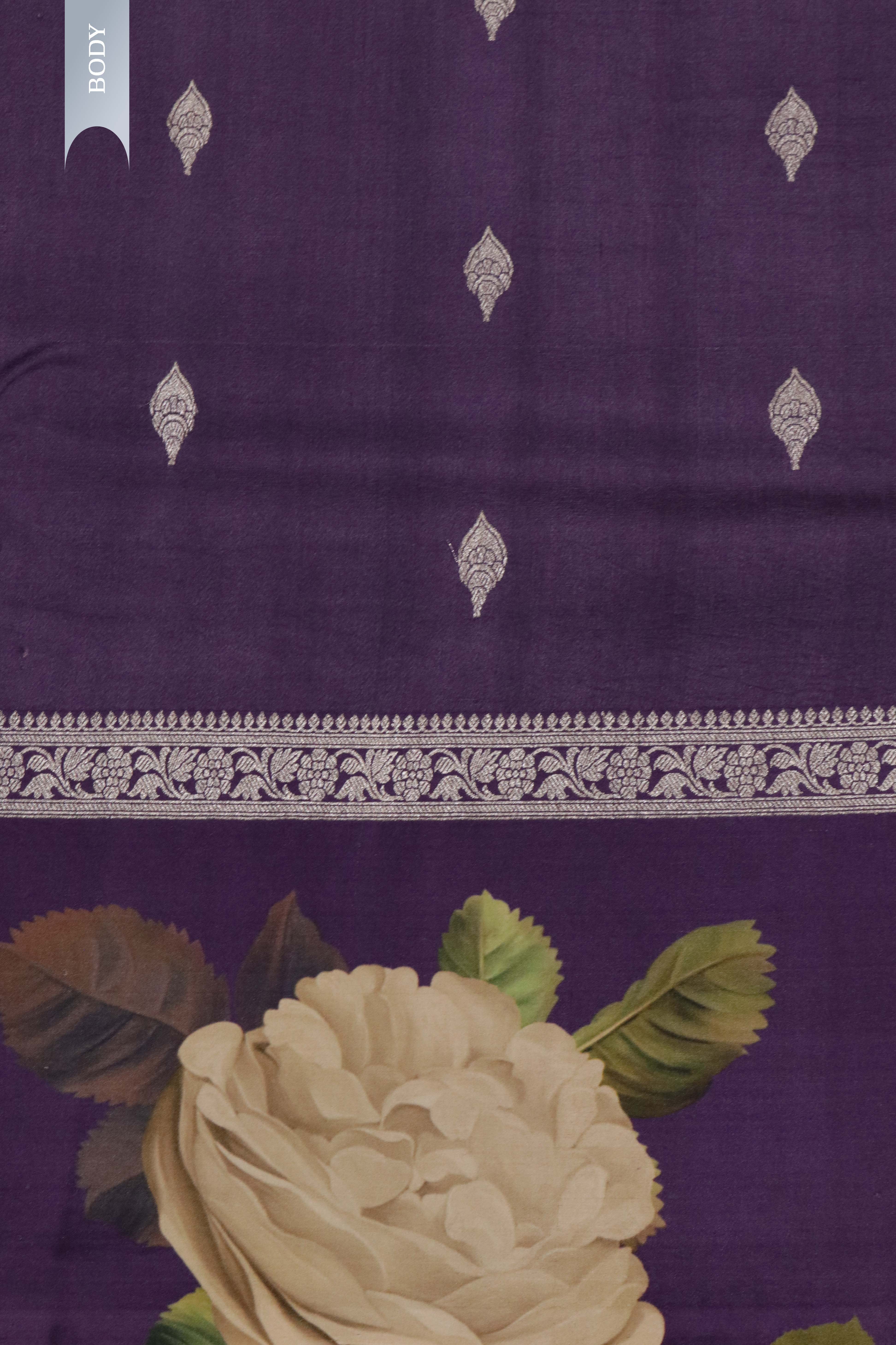 Purple Tussar Silk Saree with Silver Zari Motifs & Printed Border