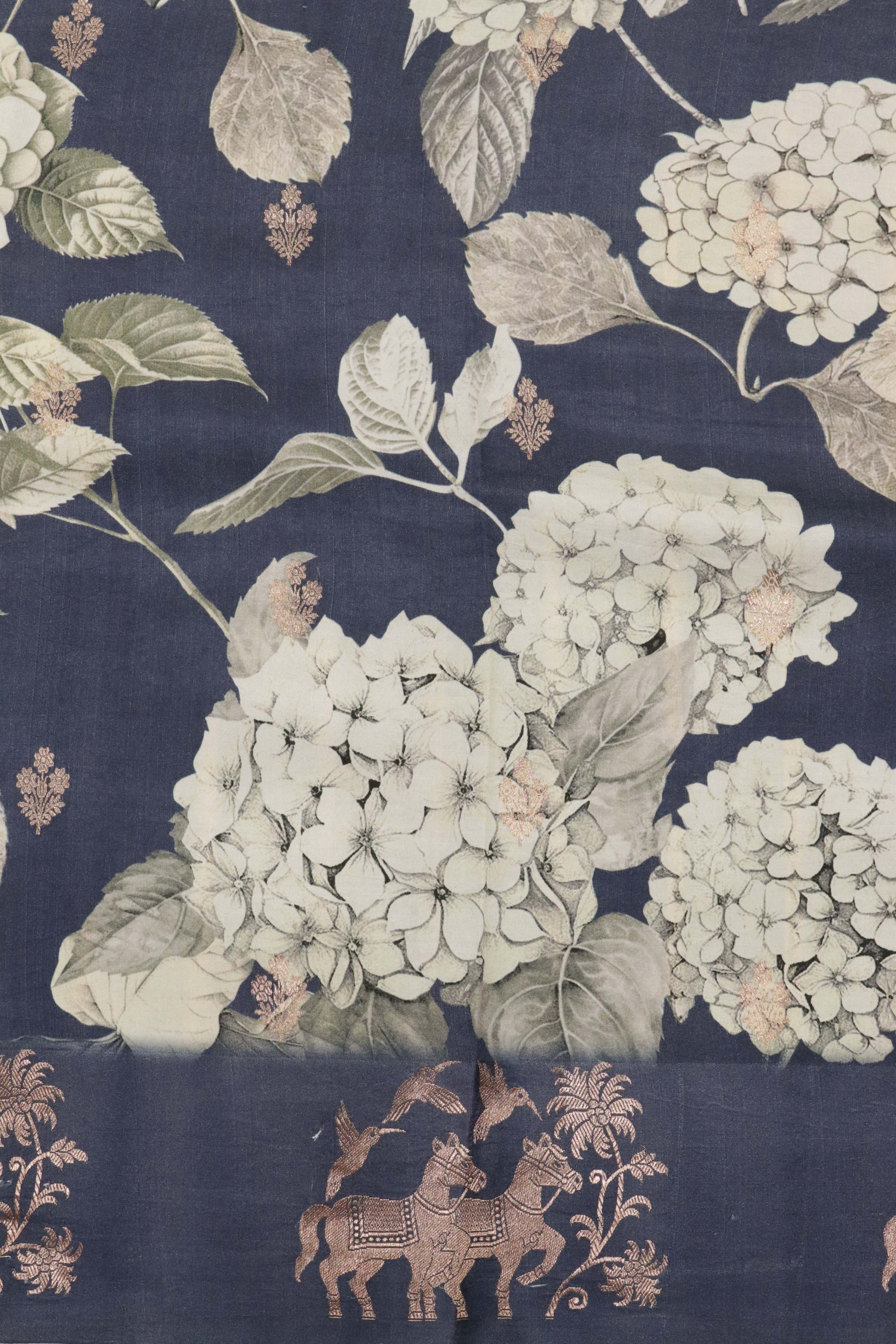 Dark Grey Silk Saree with Floral Print & Zari Border