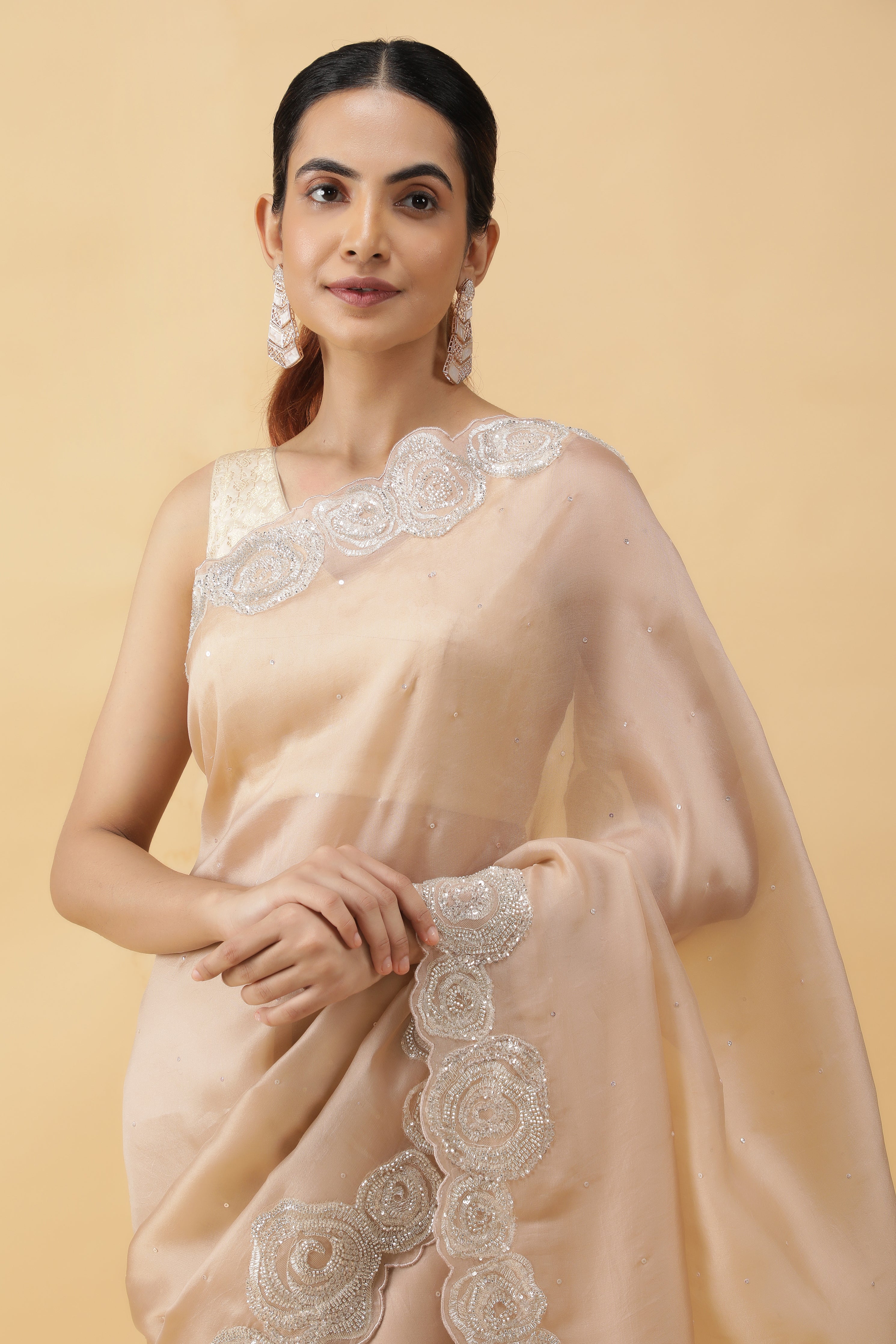 Ivory Silk Organza Saree with Sequins & Bead Border