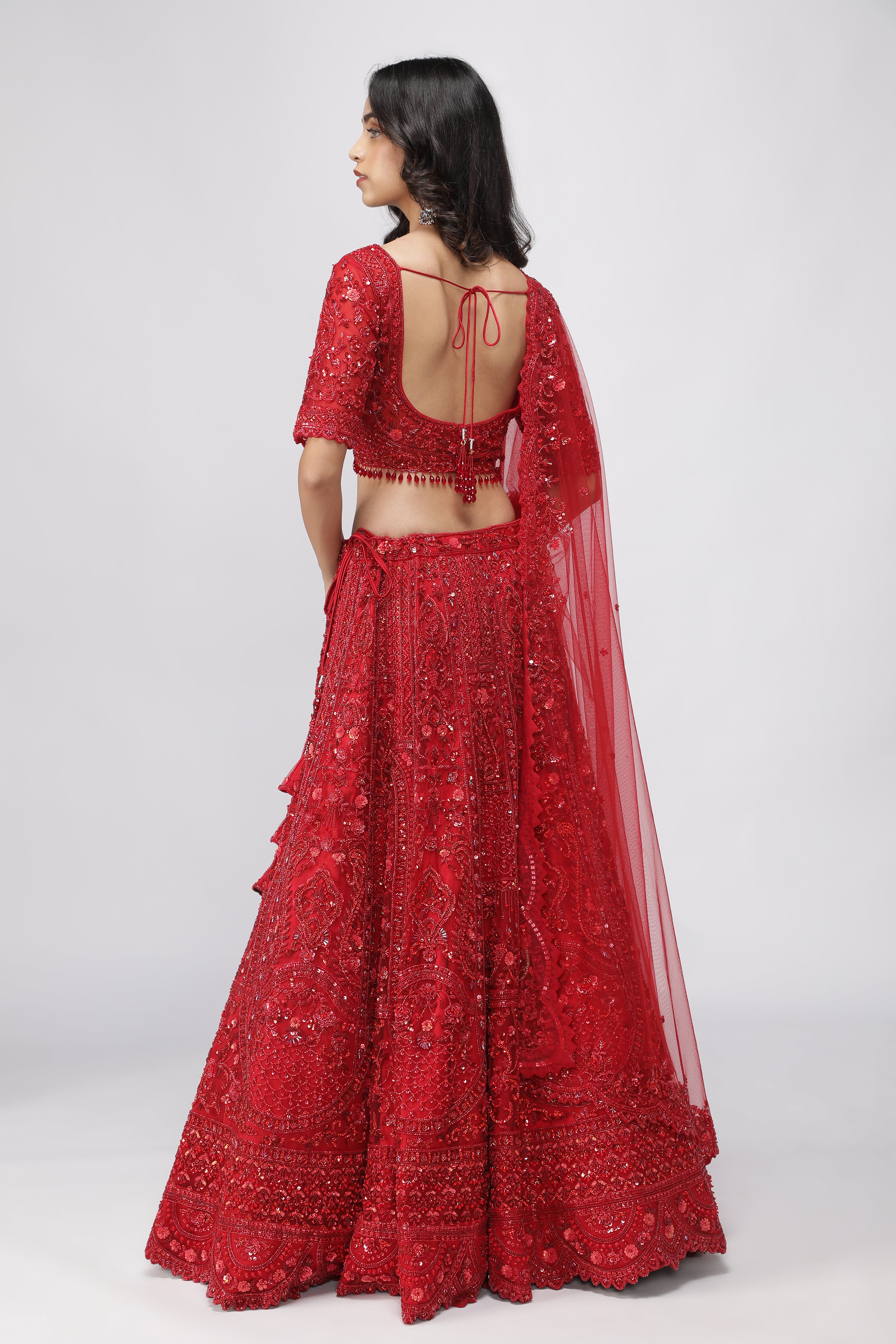 Red Net Sequin Embroidered Bridal Lehenga Set