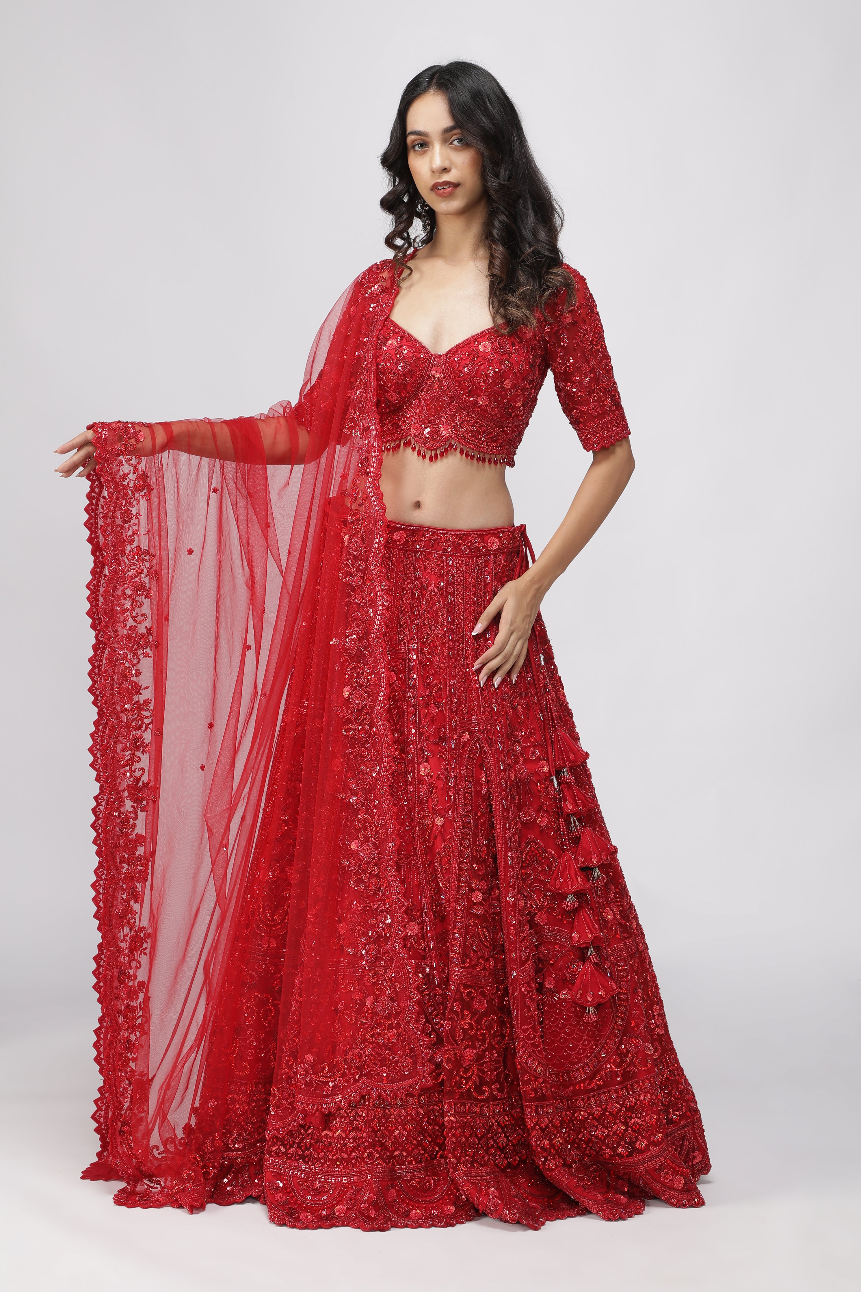 Red Net Sequin Embroidered Bridal Lehenga Set