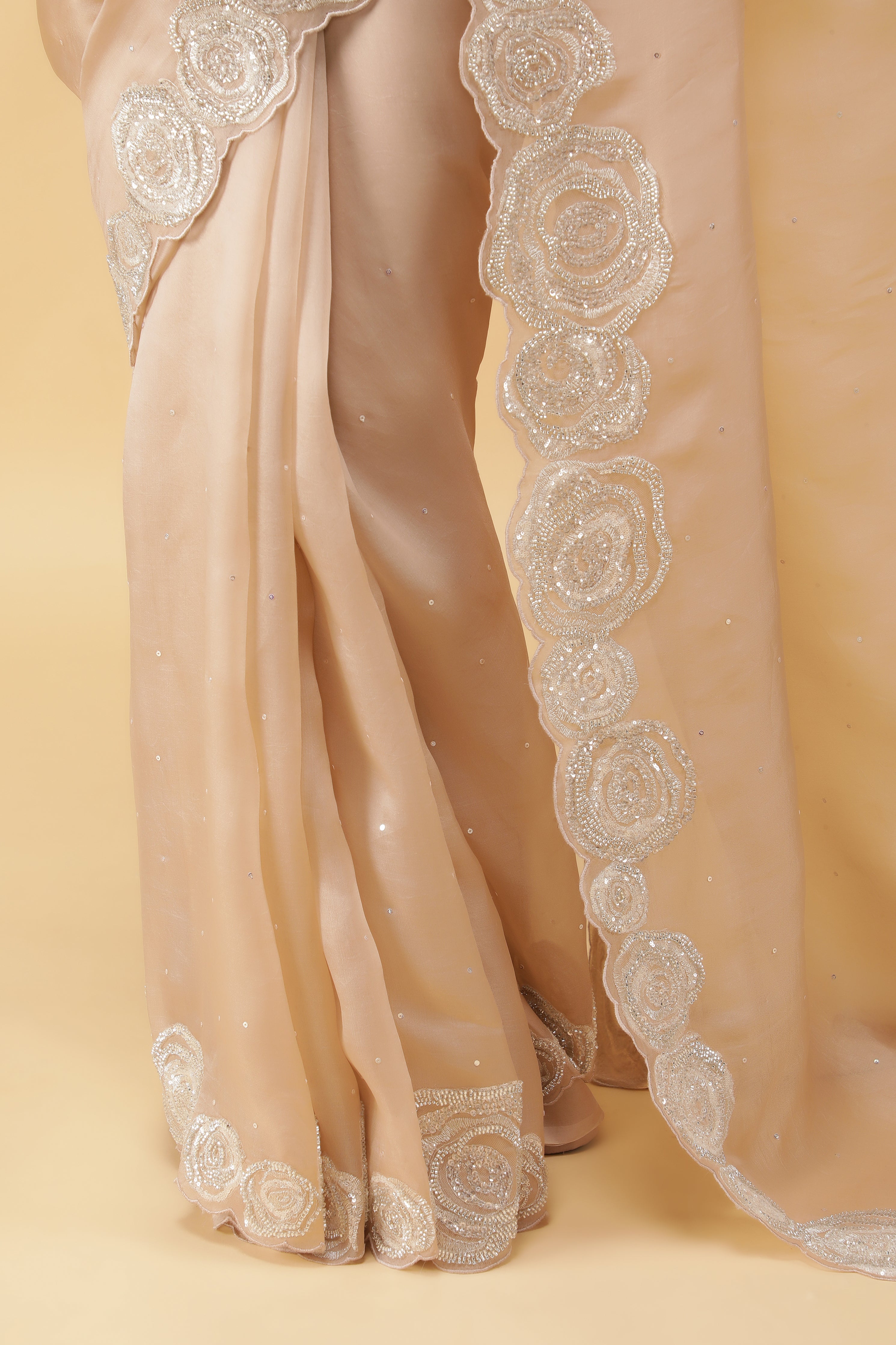 Ivory Silk Organza Saree with Sequins & Bead Border