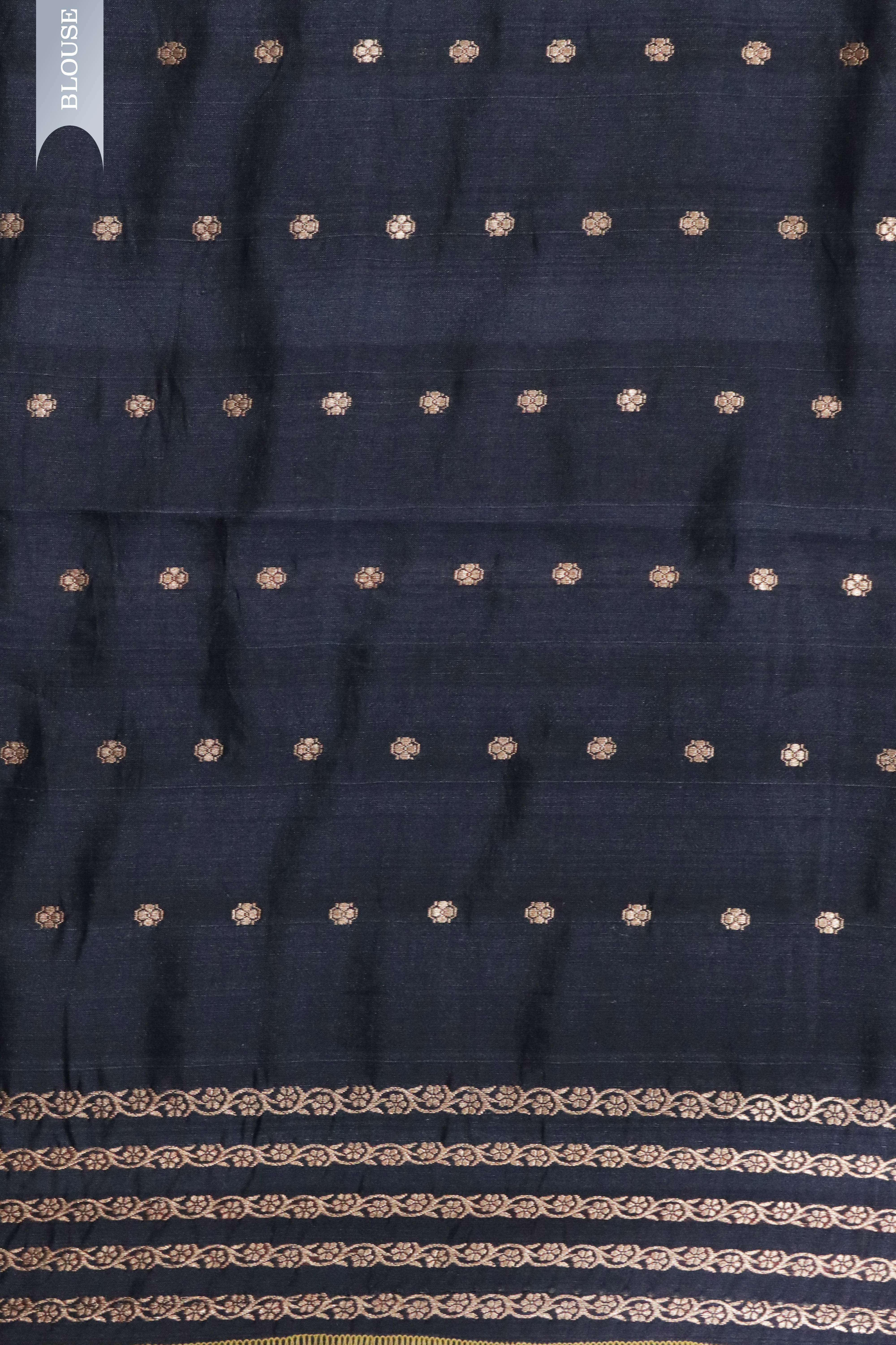 Dark Grey Silk Saree with Floral Print & Zari Border