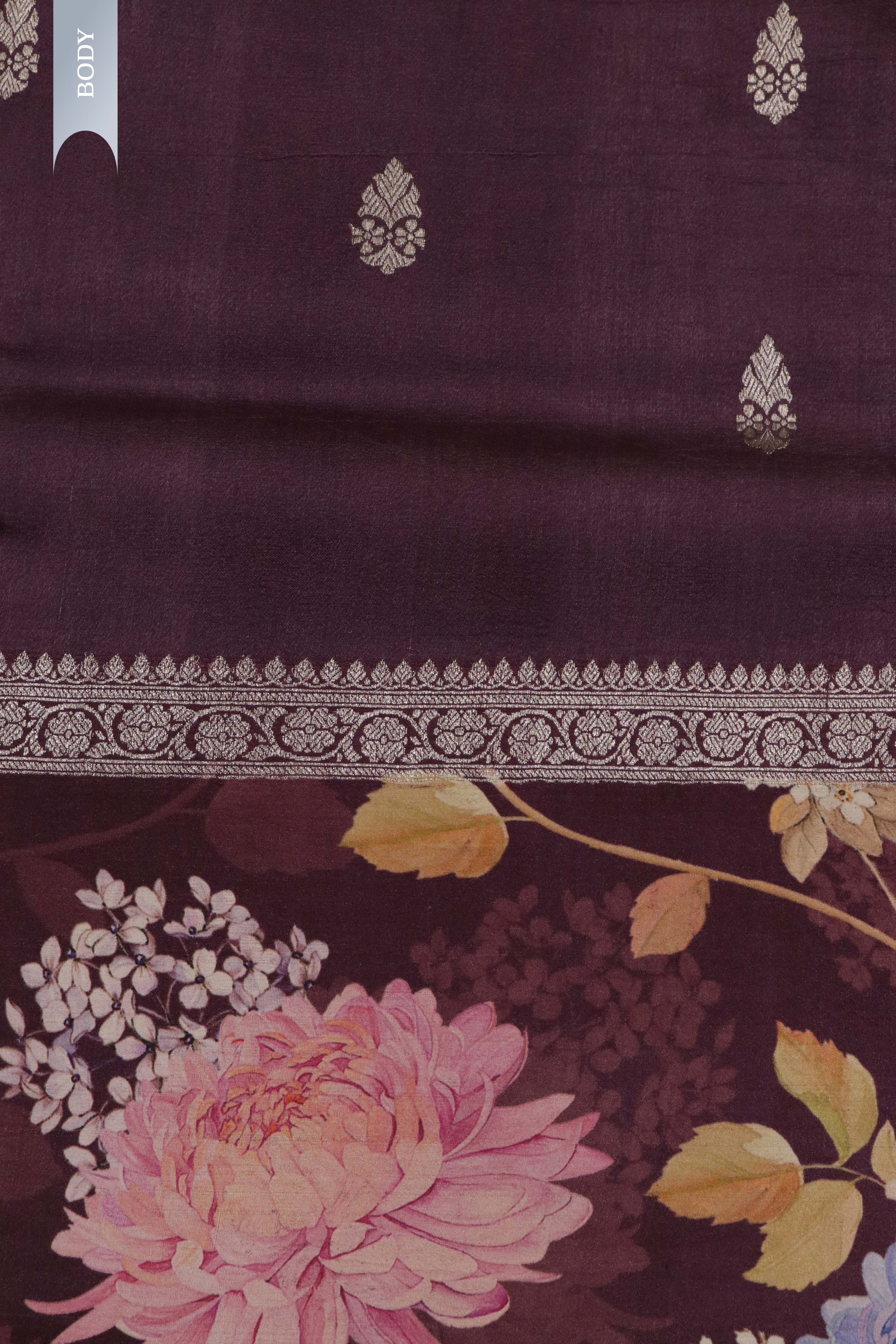 Wine Tussar Silk Saree with Silver Zari Motifs & Printed Border