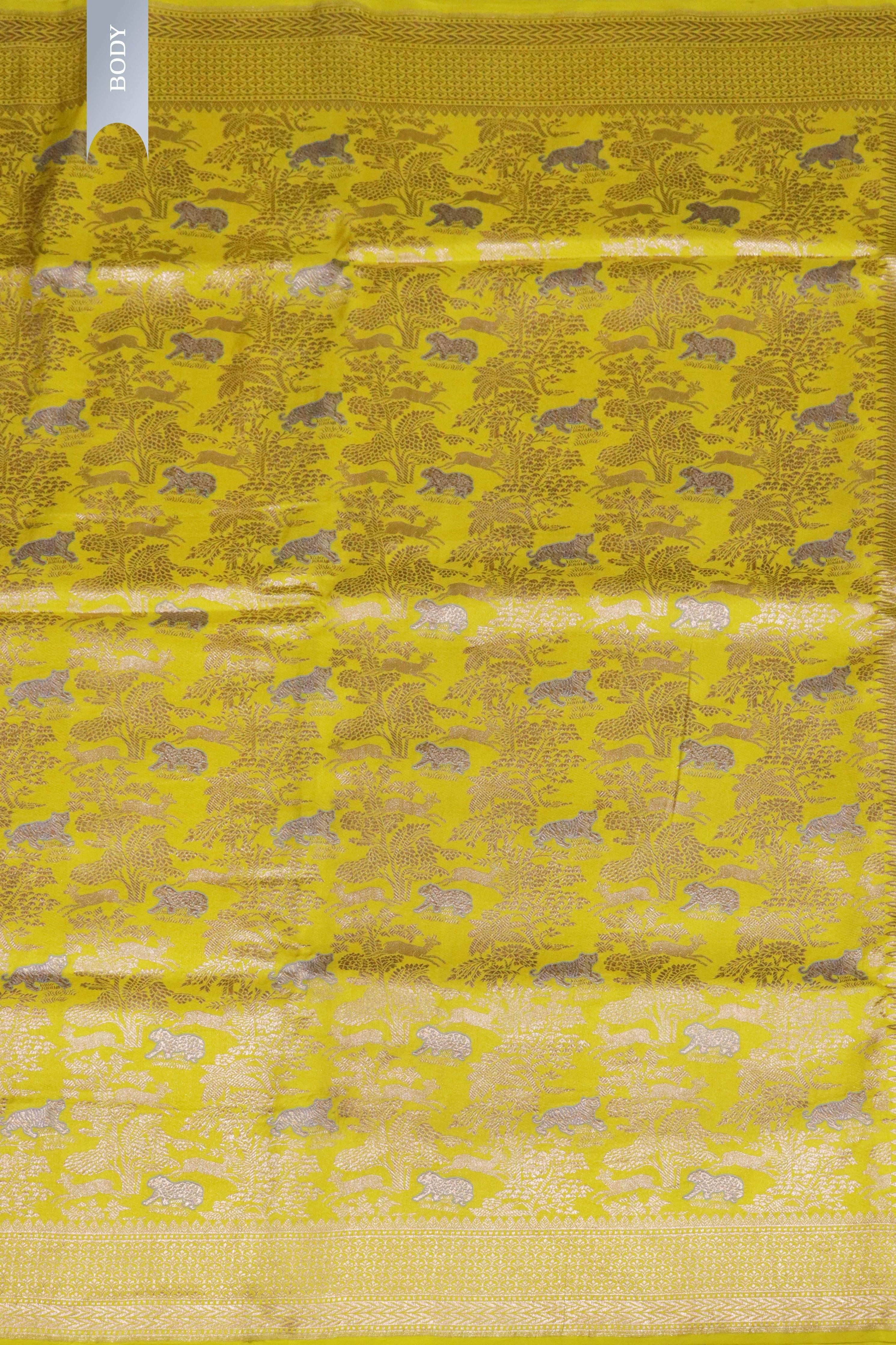 Yellow Banarasi Animal Motif Silk Saree - Mokshaa