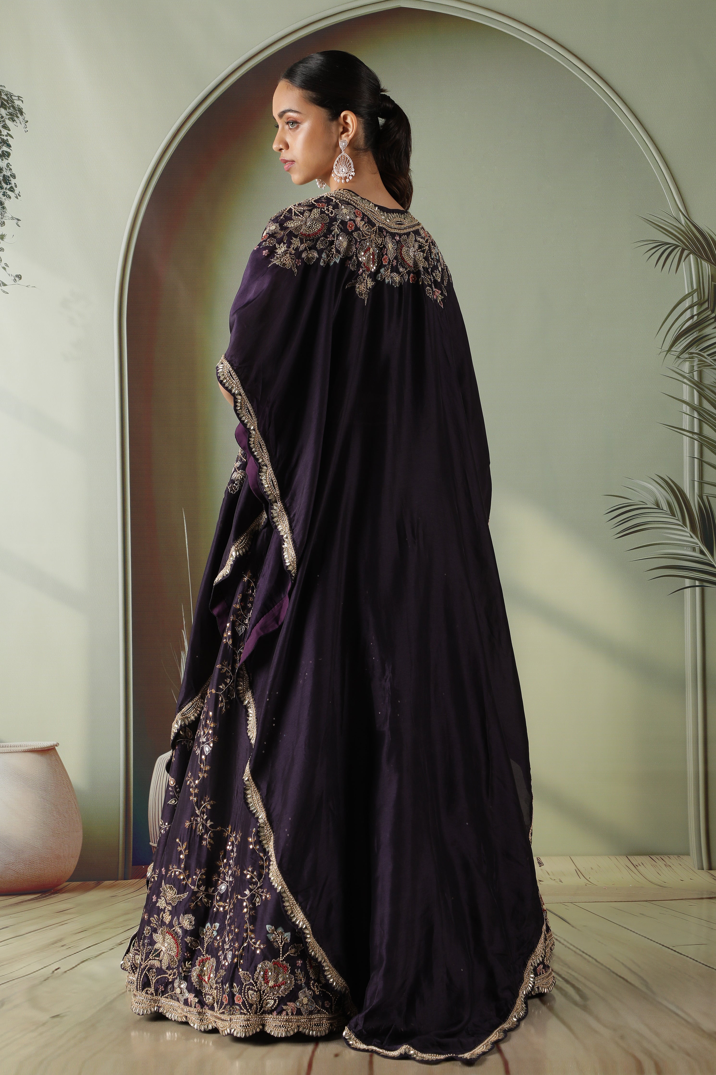 Purple Silk Lehenga with Printed Cape