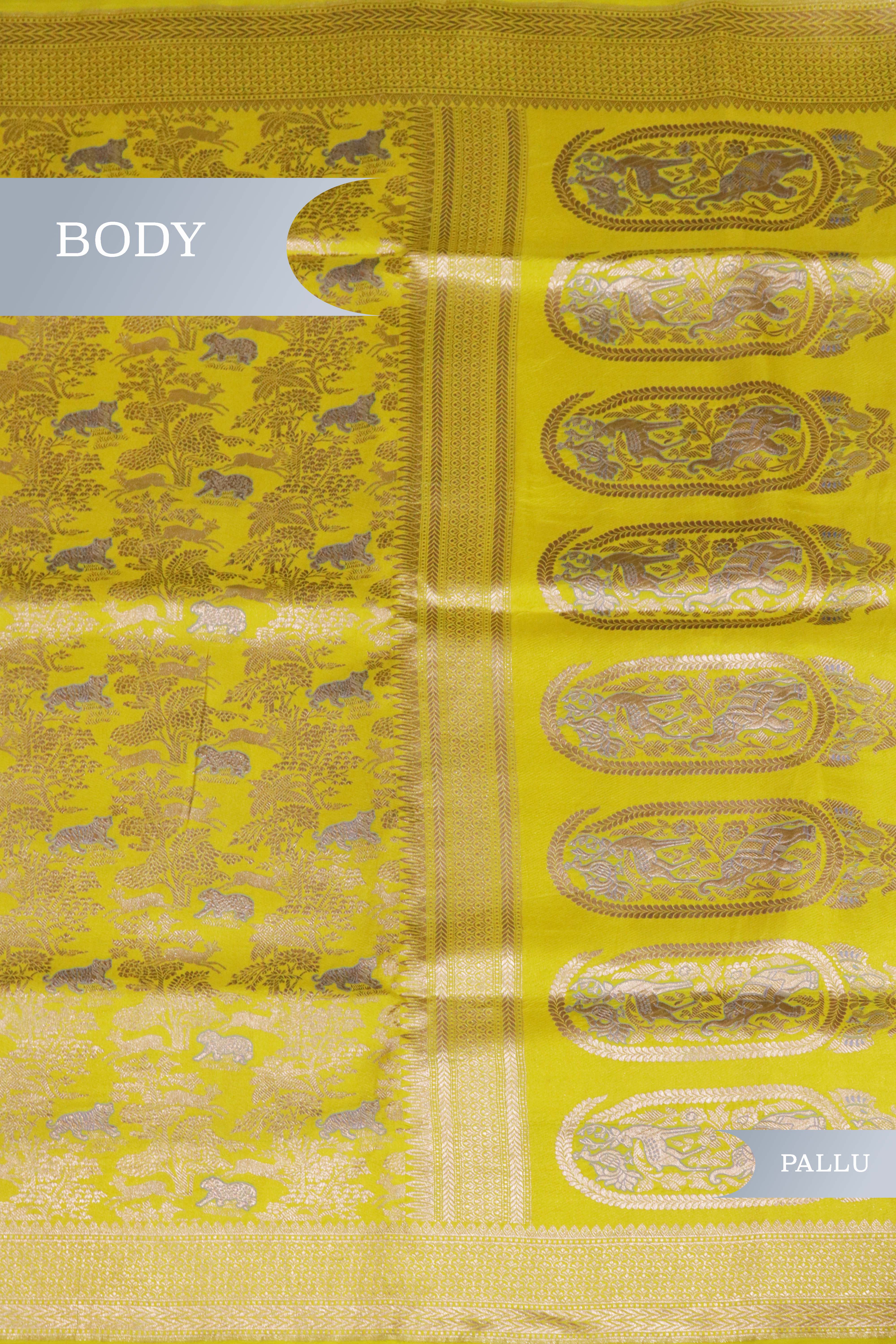 Yellow Banarasi Animal Motif Silk Saree