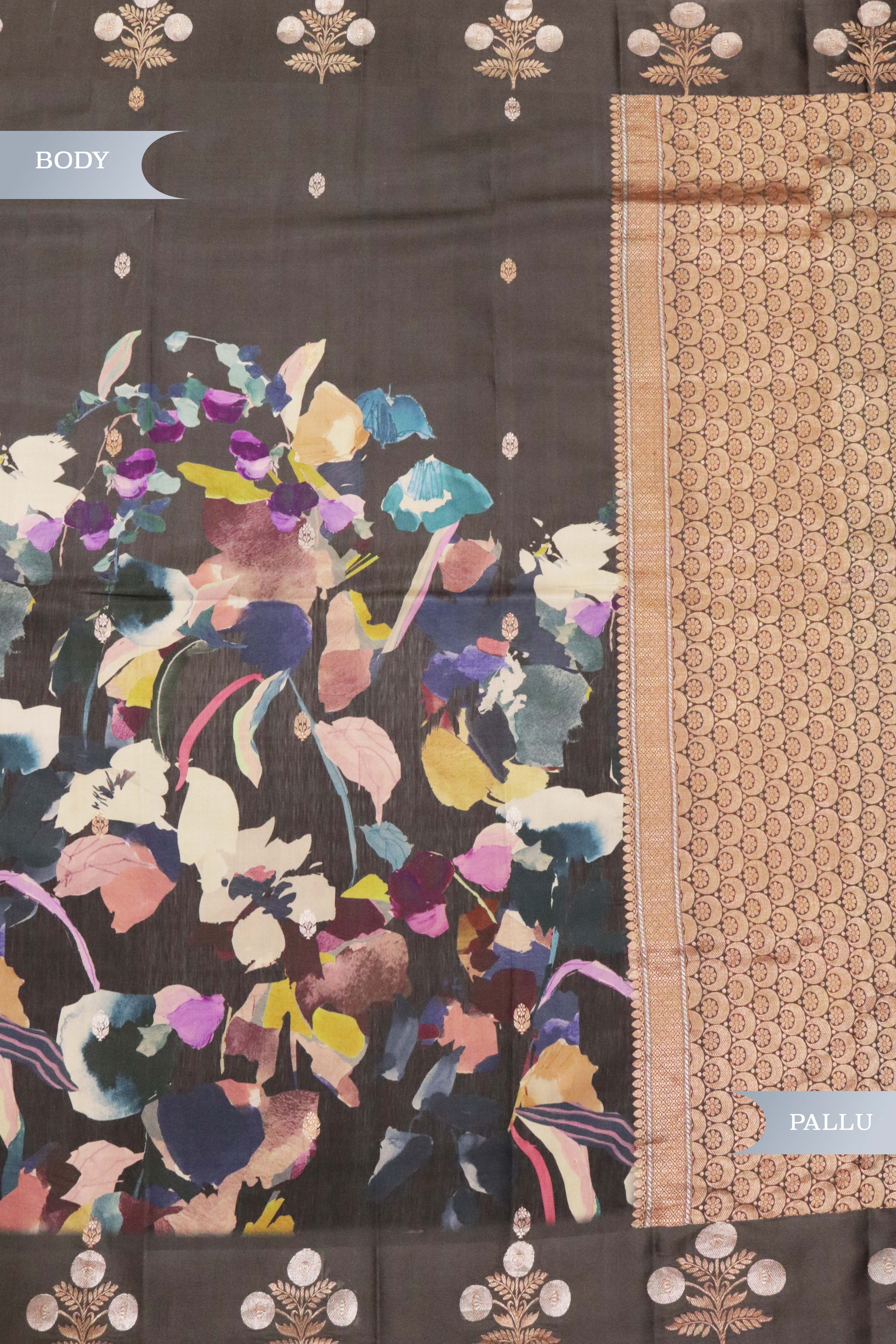 Dark Brown Silk Saree with Floral Print & Zari Border