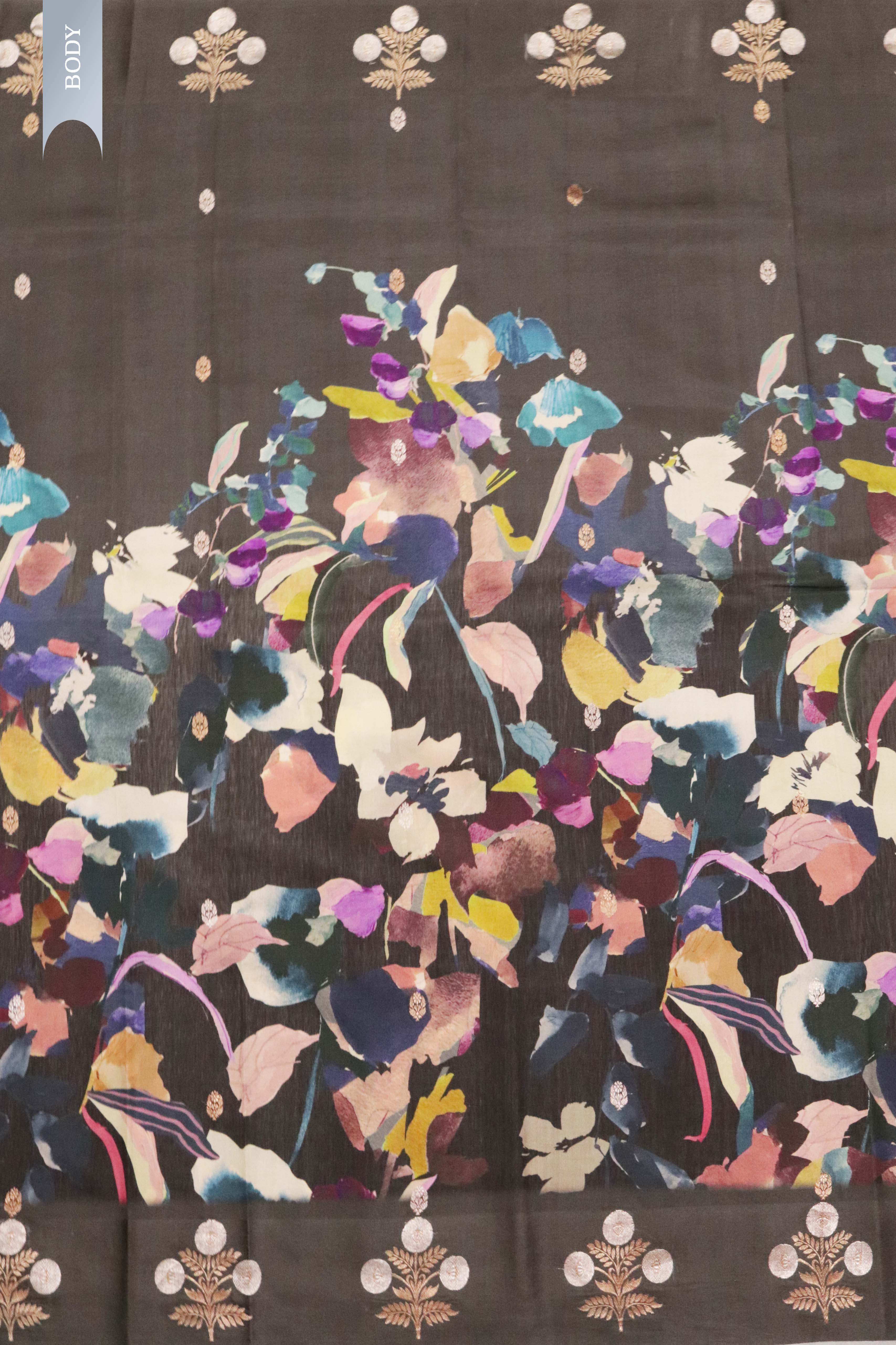 Dark Brown Silk Saree with Floral Print & Zari Border
