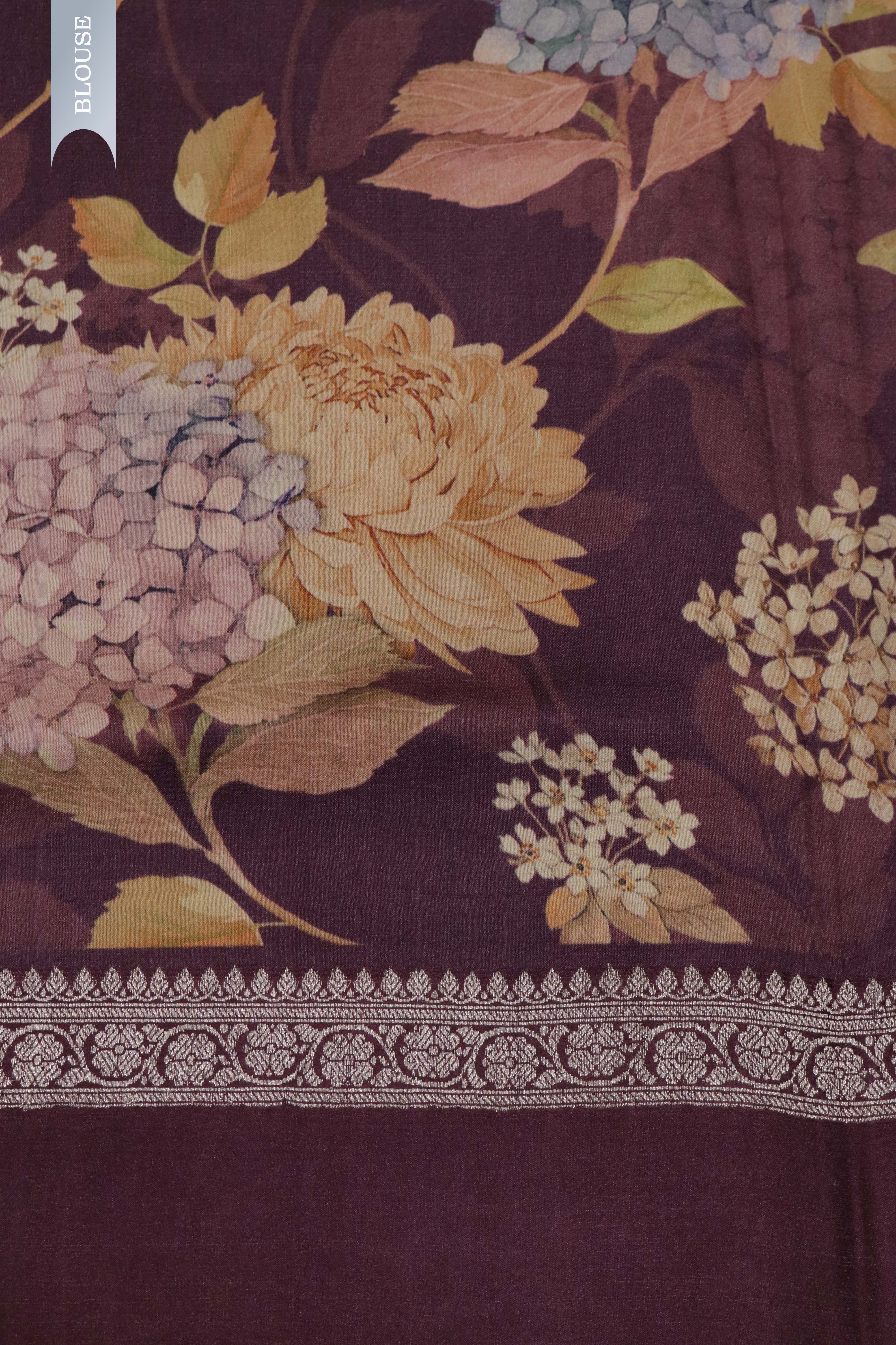 Wine Tussar Silk Saree with Silver Zari Motifs & Printed Border