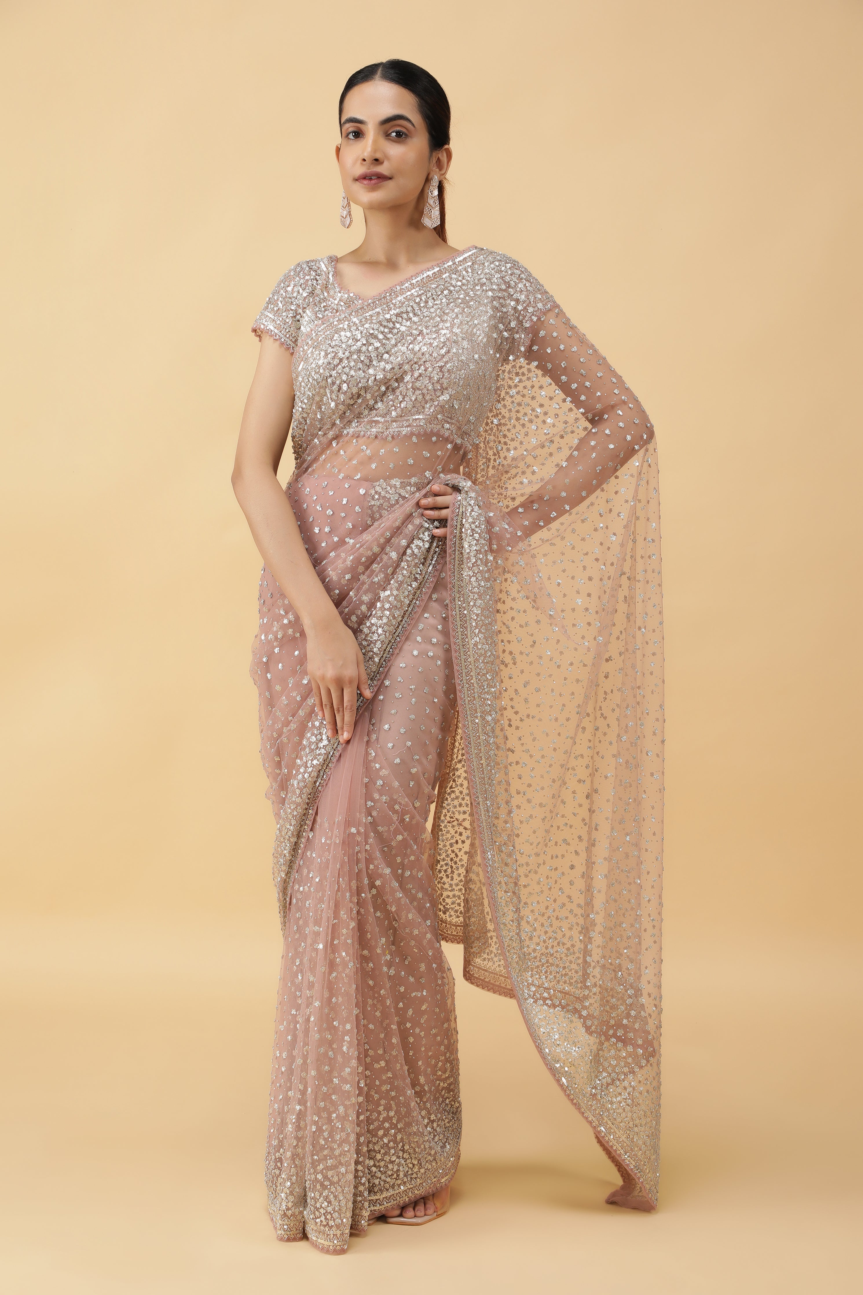 Peach Net Saree Antique Sequins Readymade Blouse