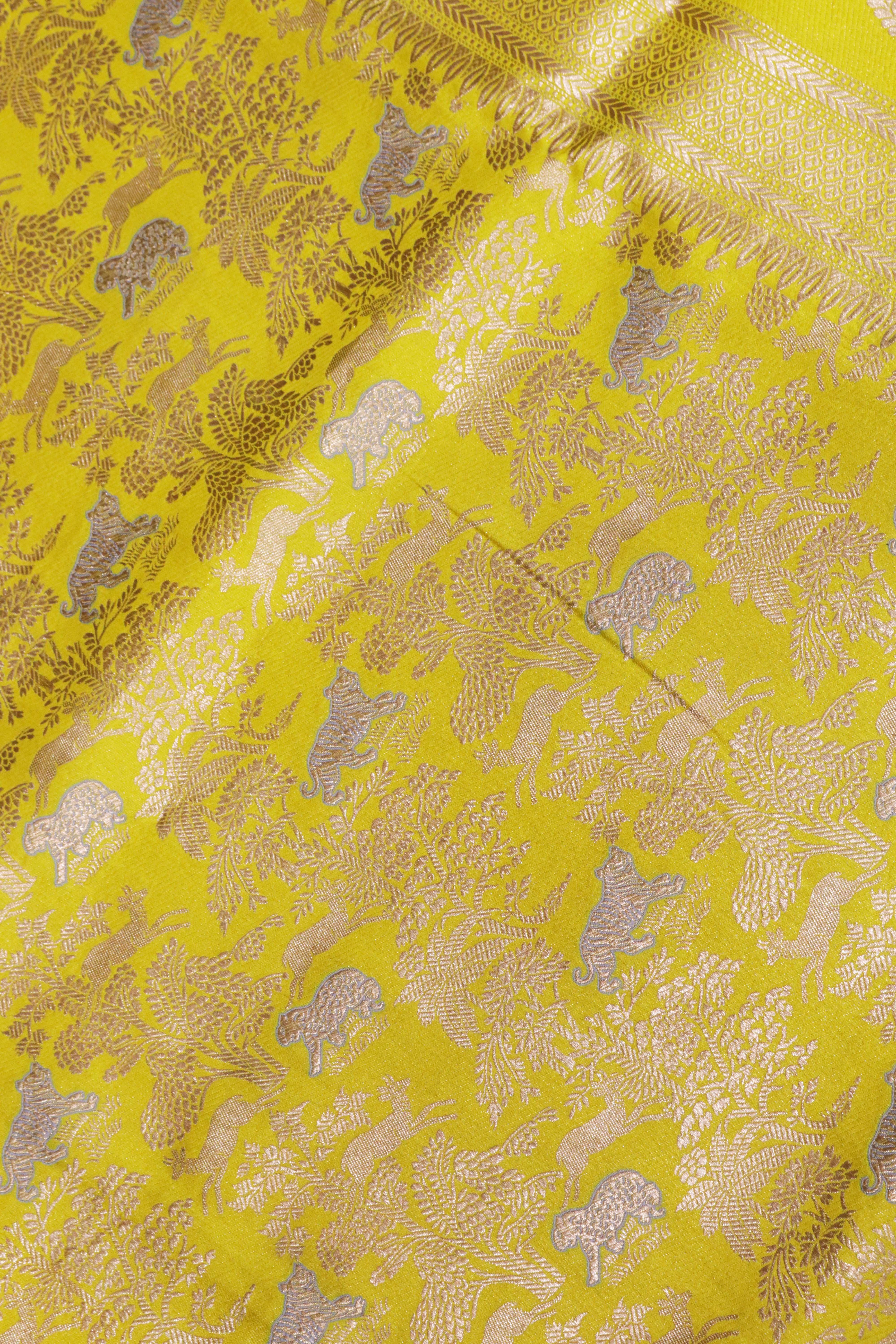 Yellow Banarasi Animal Motif Silk Saree