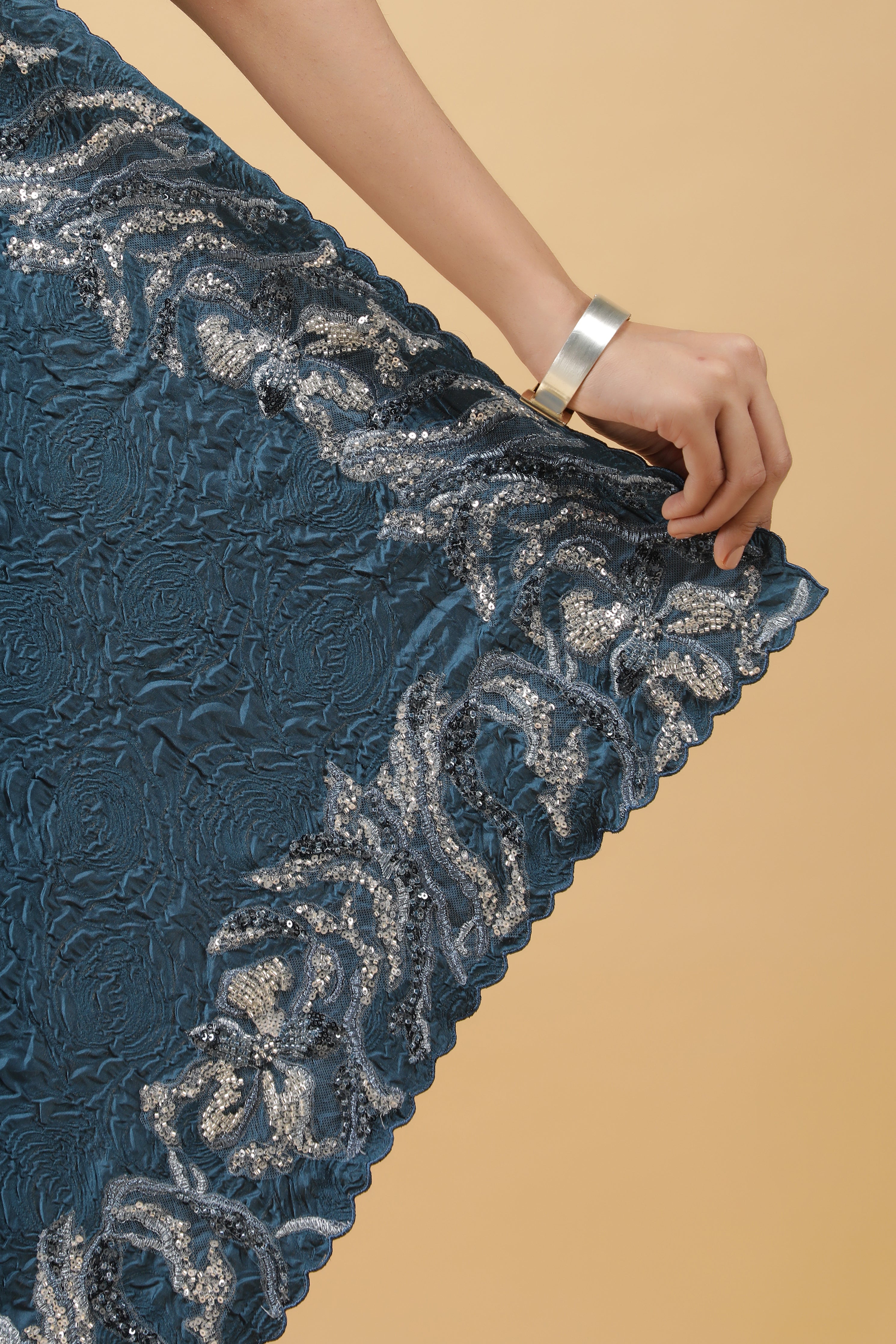 Teal Blue Crepe Silk Saree with Beaded Border