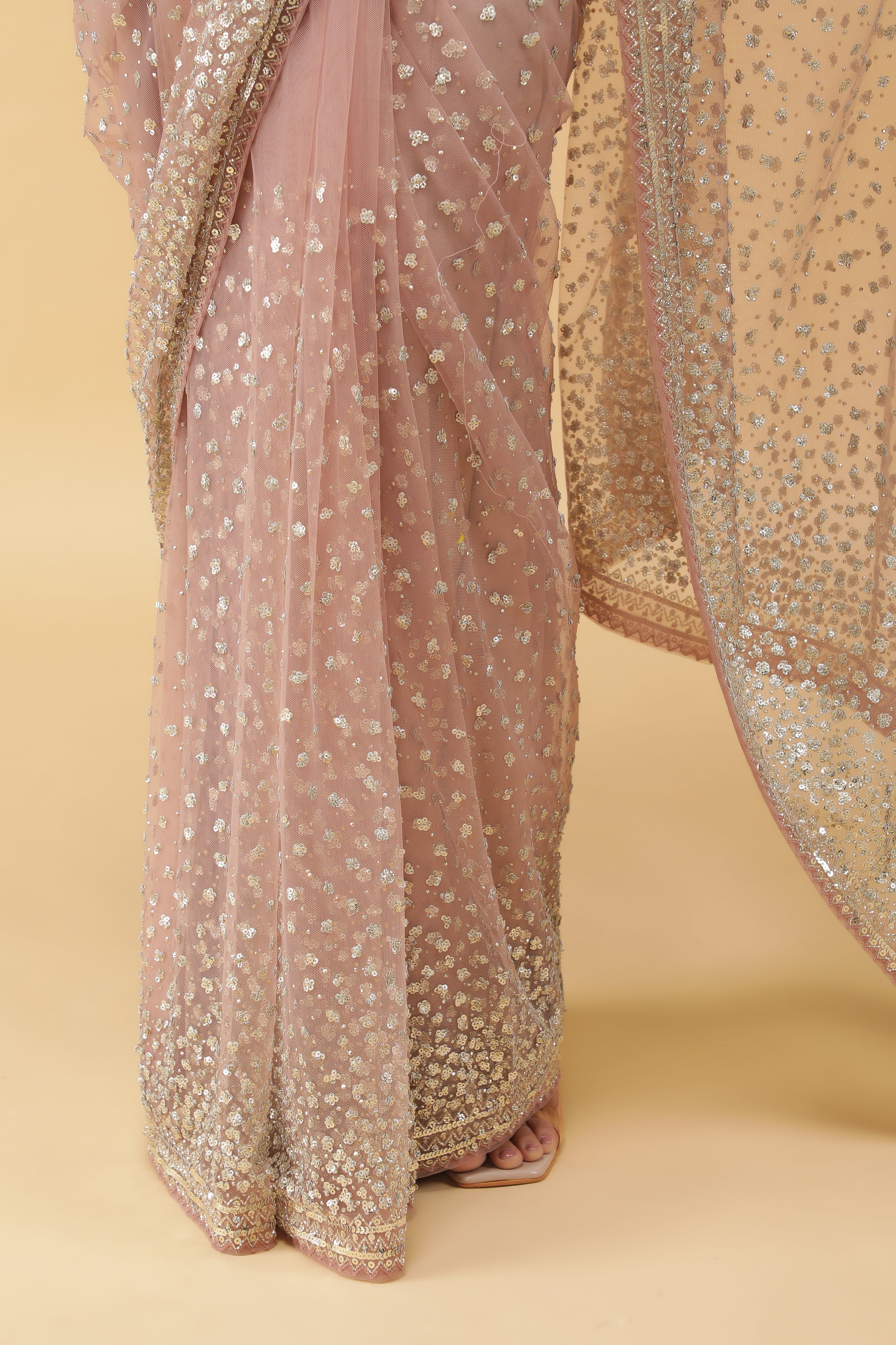 Peach Net Saree Antique Sequins Readymade Blouse