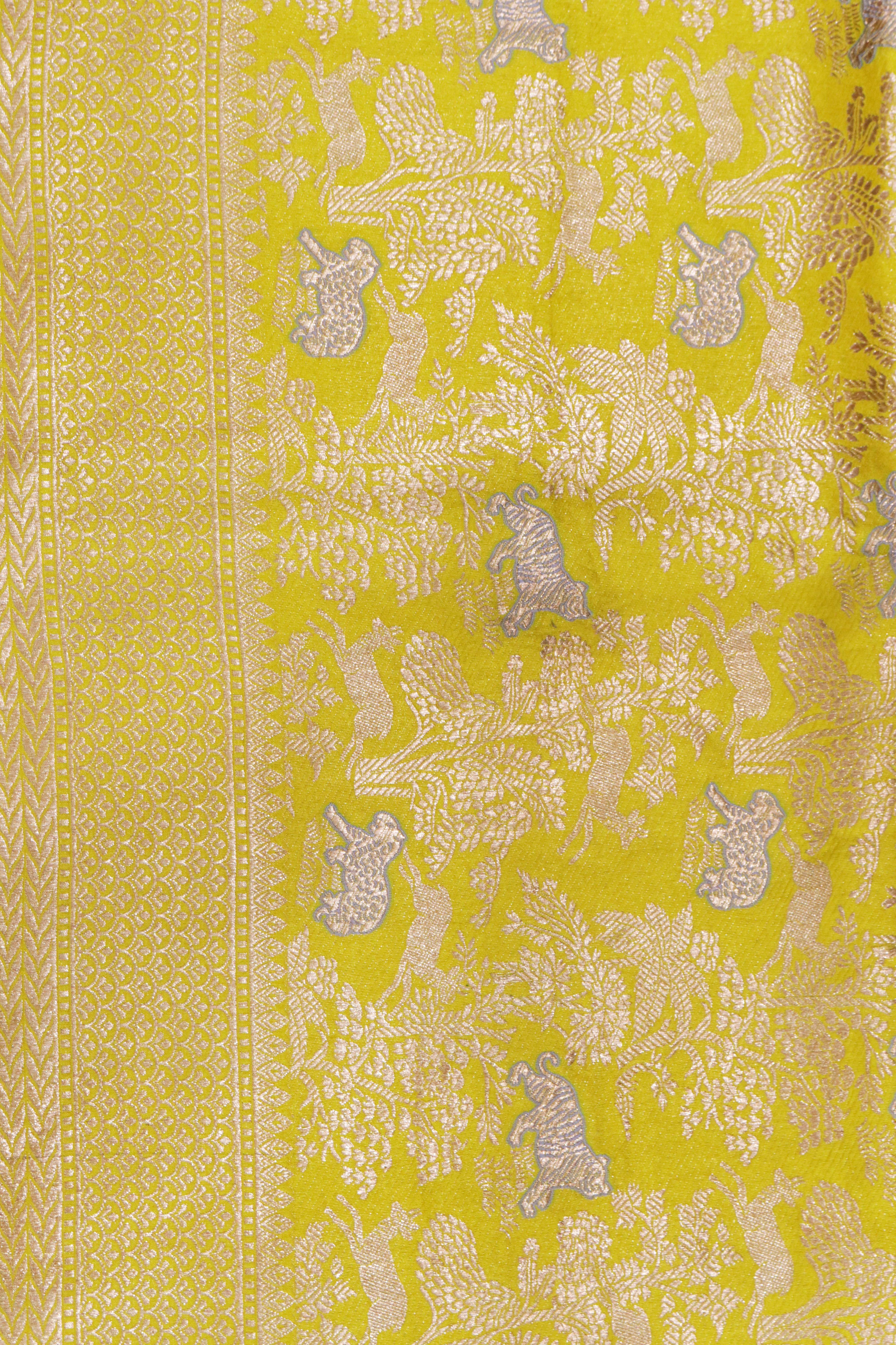 Yellow Banarasi Animal Motif Silk Saree