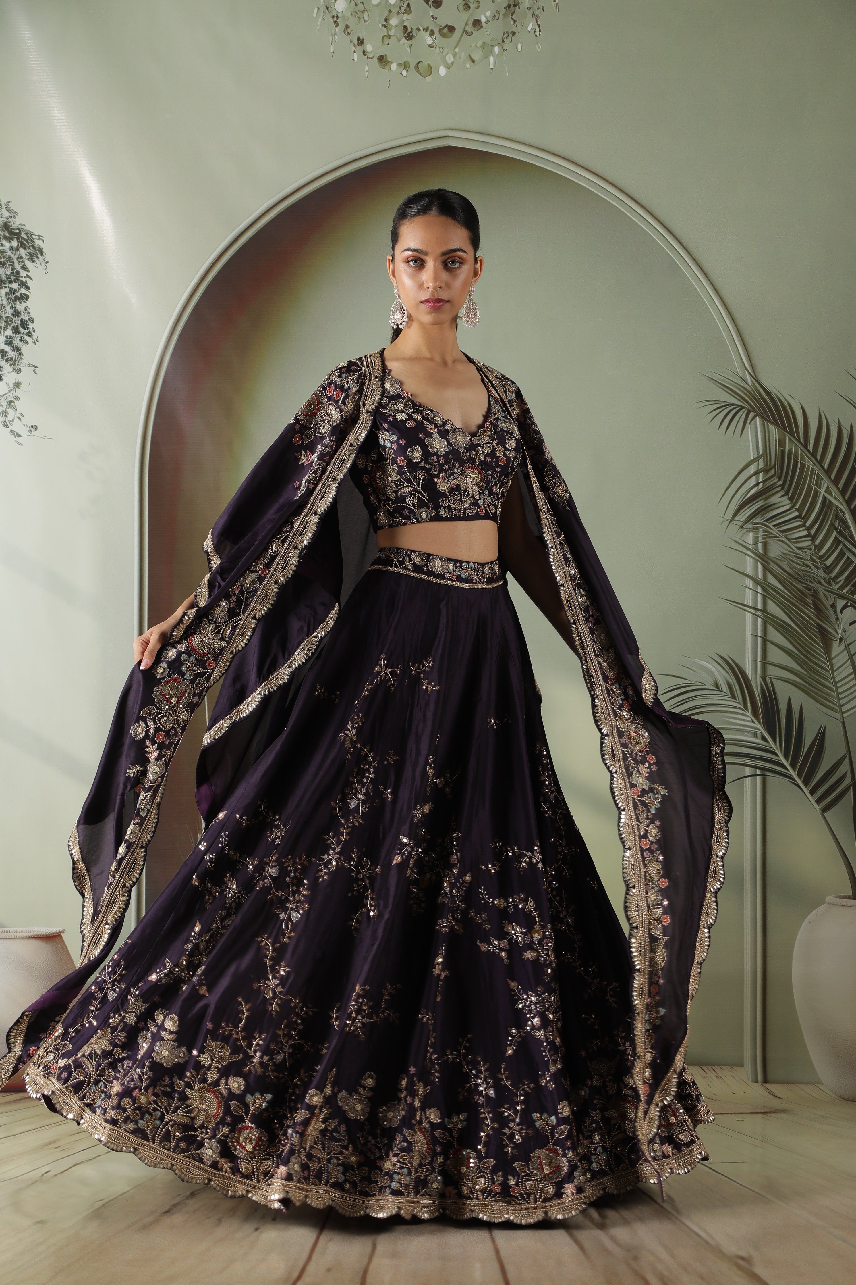 Purple Silk Lehenga with Printed Cape
