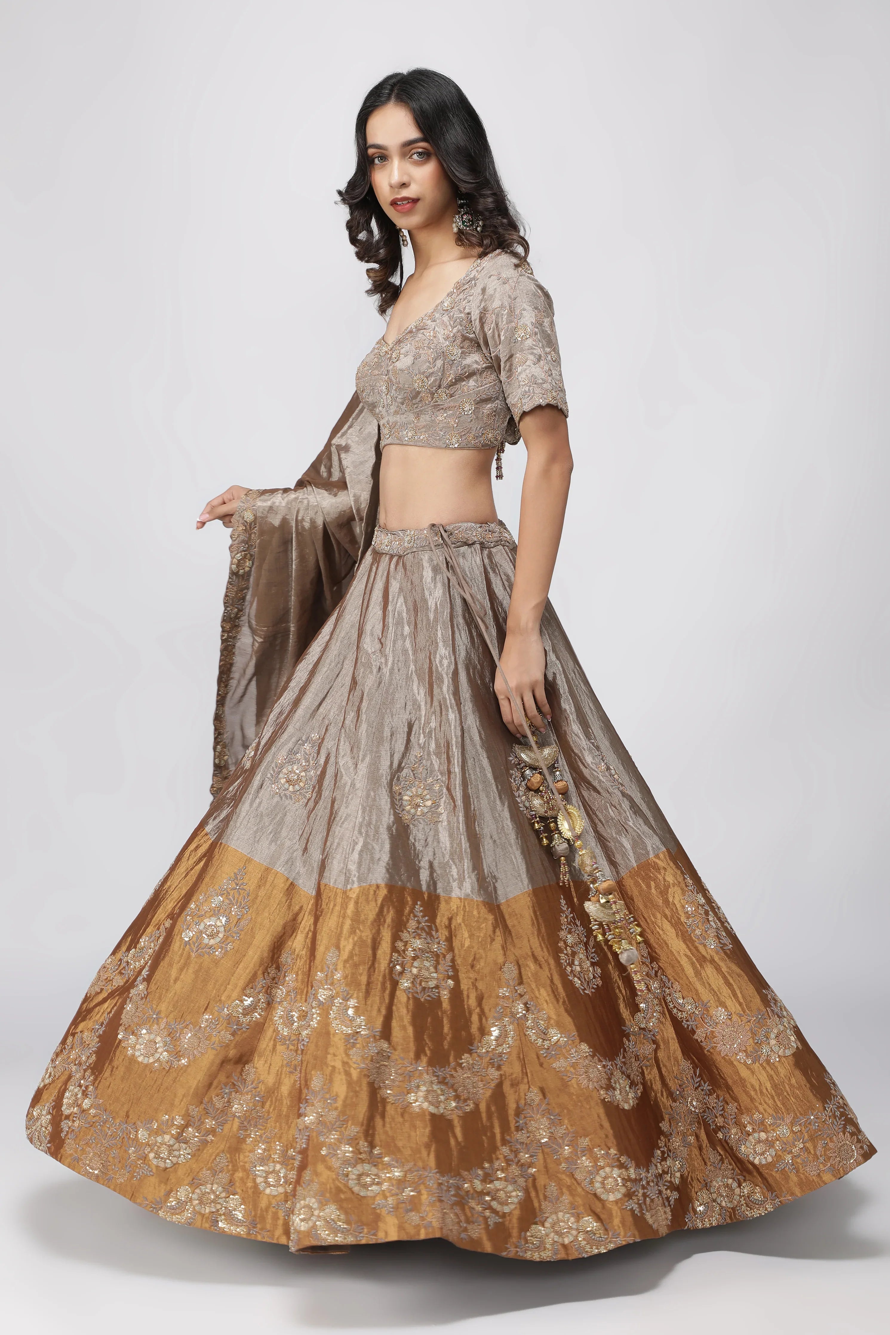 XS Silver-Gold Tissue Lehenga with Embroidered Blouse