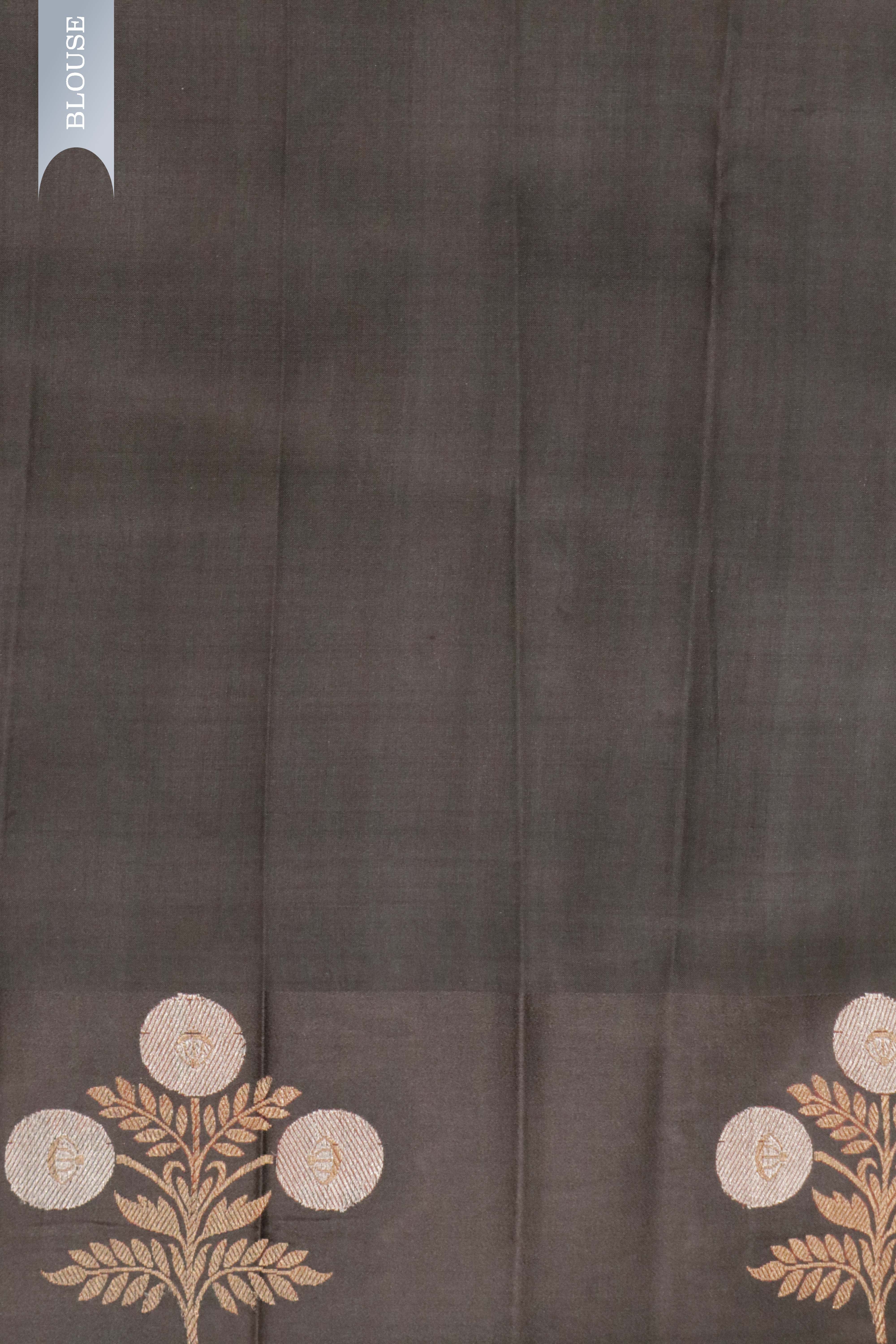 Dark Brown Silk Saree with Floral Print & Zari Border