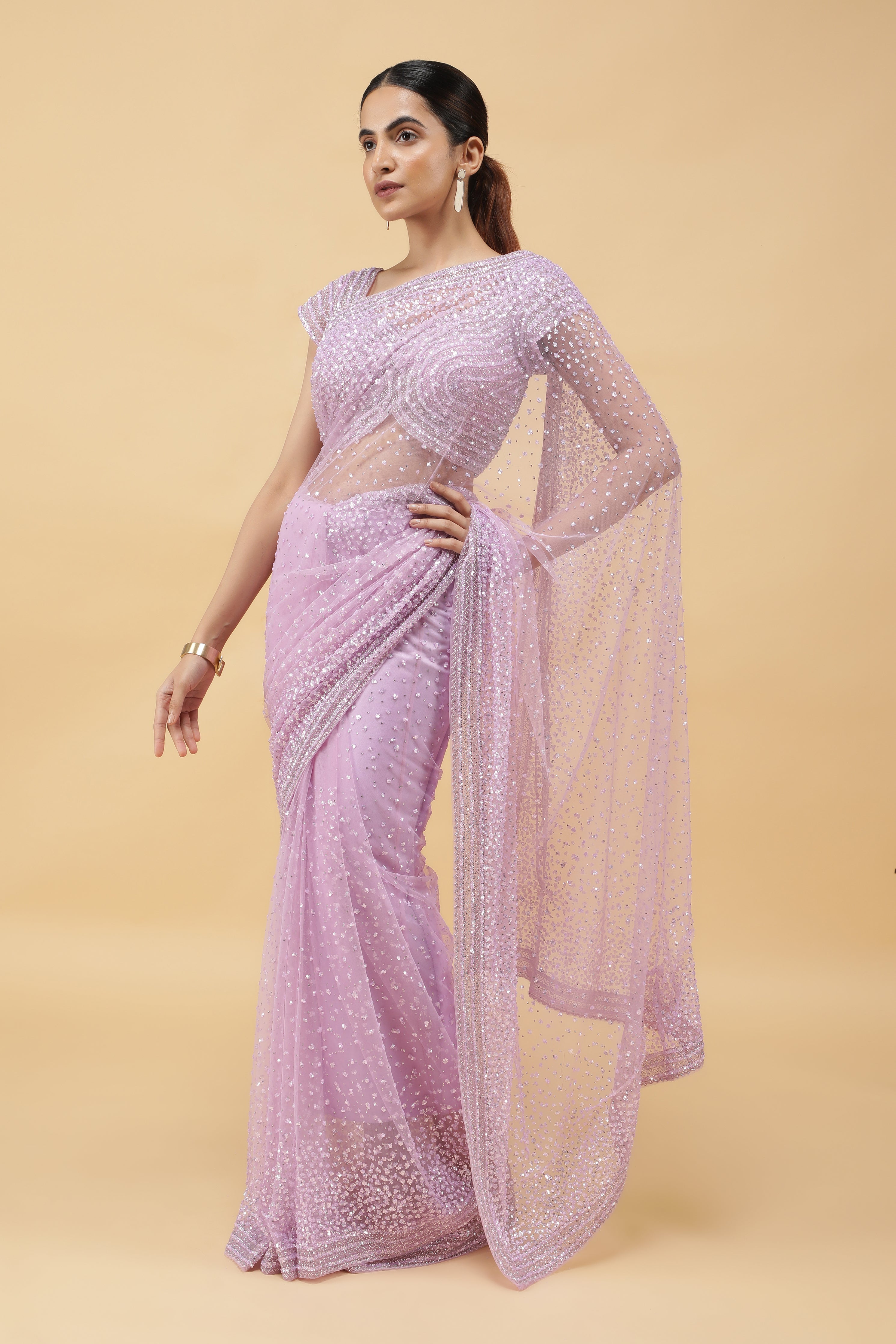 Light Lavender Net Saree with All Over Sequins