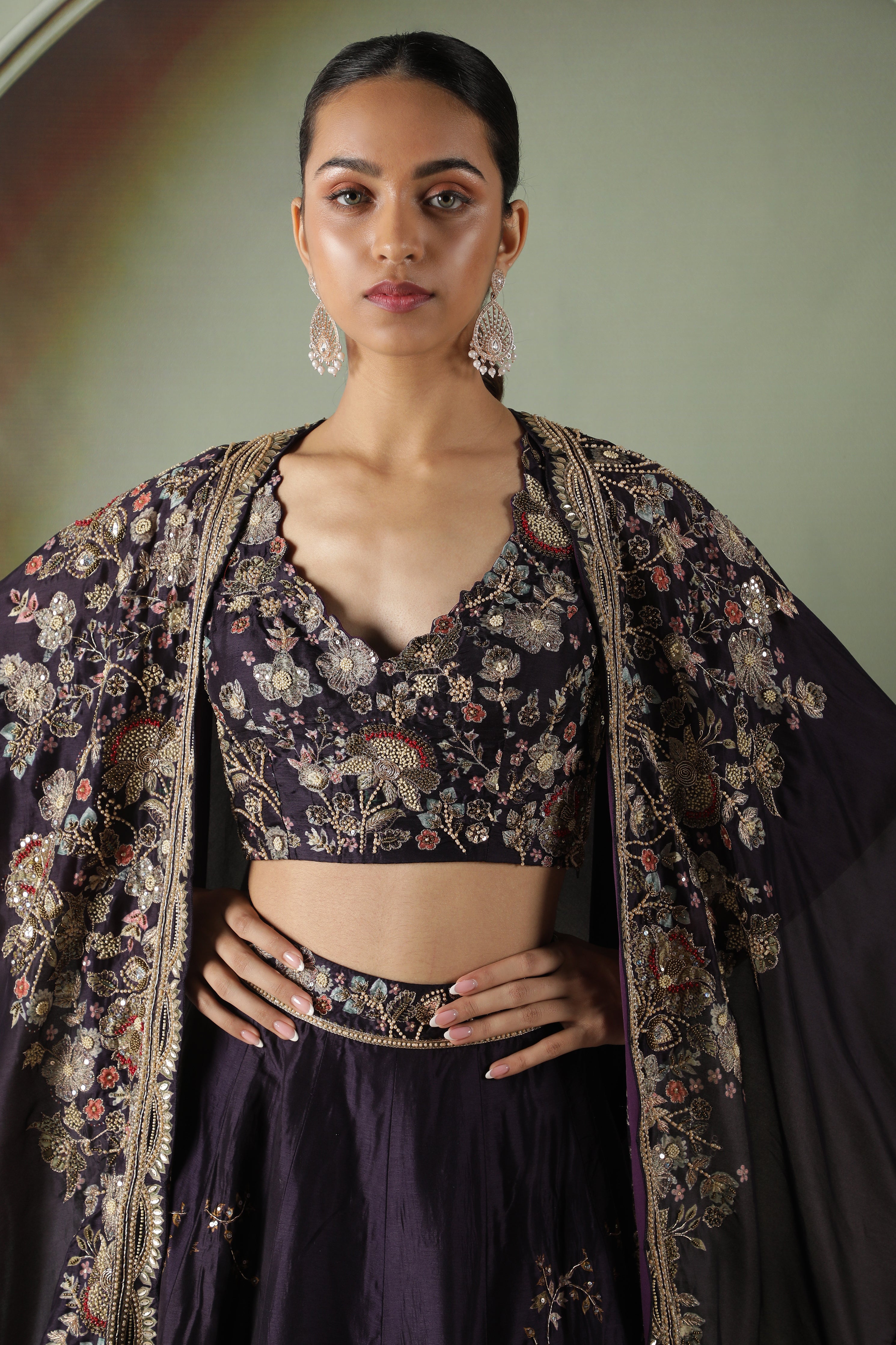 Purple Silk Lehenga with Printed Cape