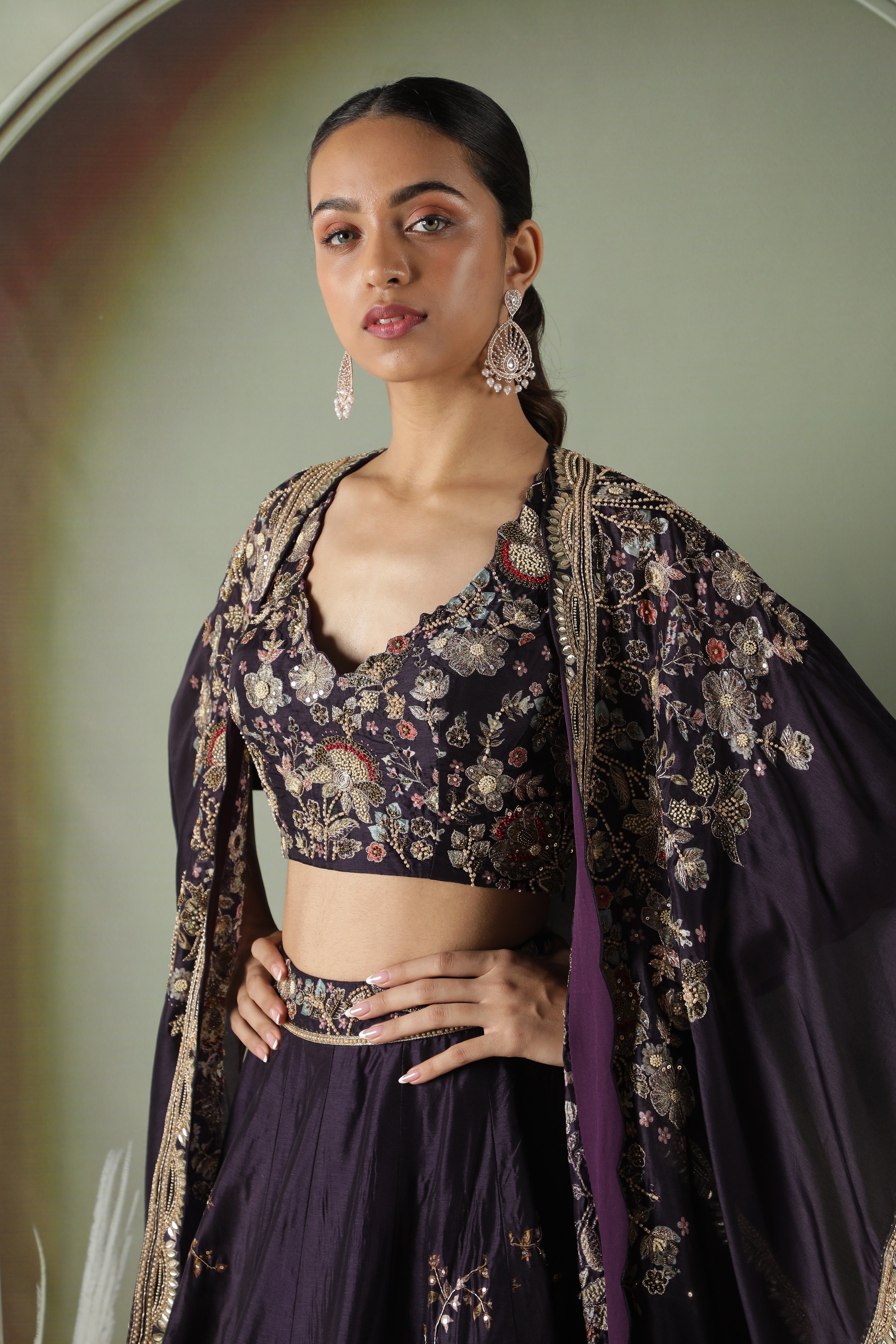Purple Silk Lehenga with Printed Cape