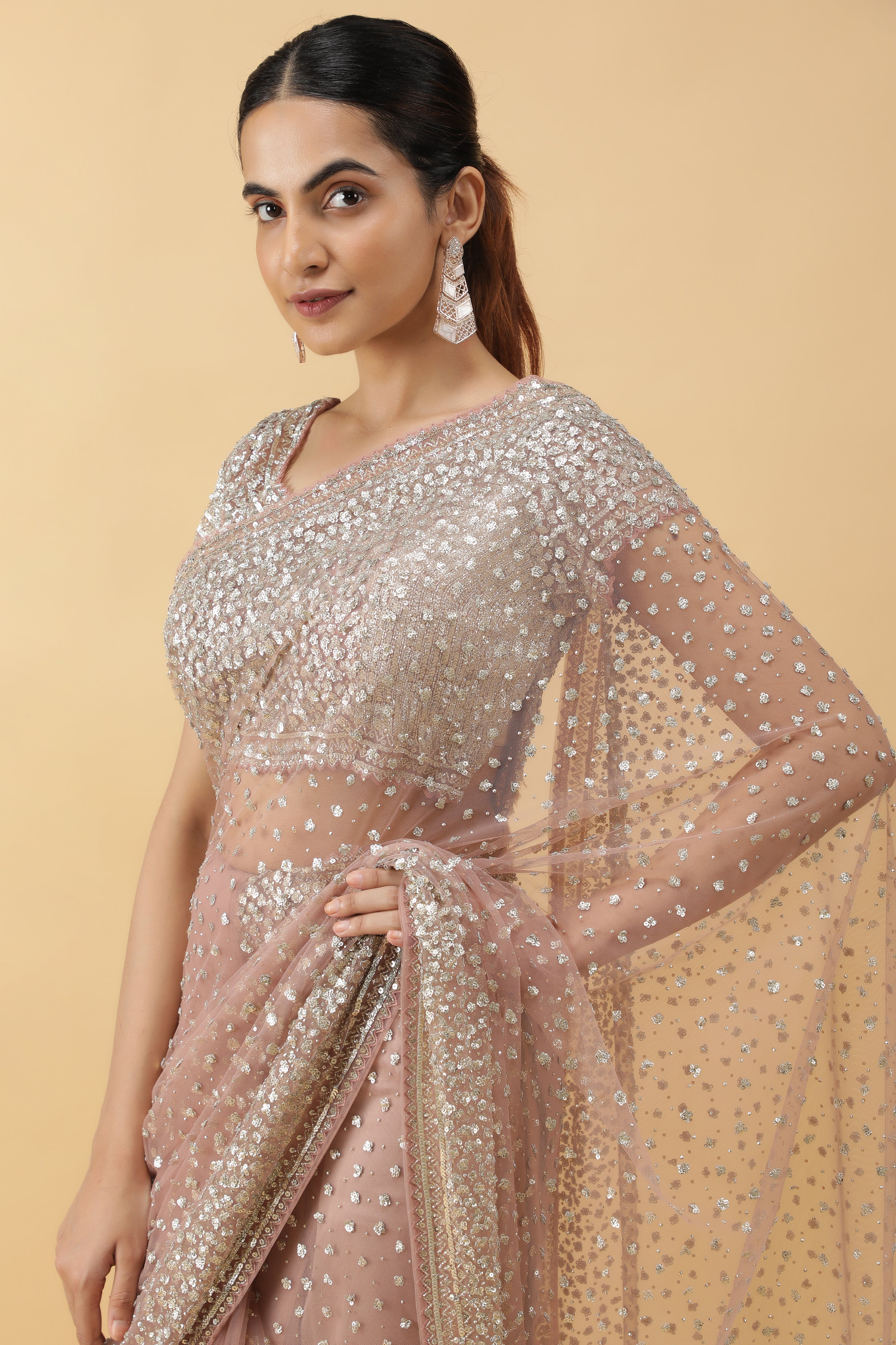 Peach Net Saree Antique Sequins Readymade Blouse
