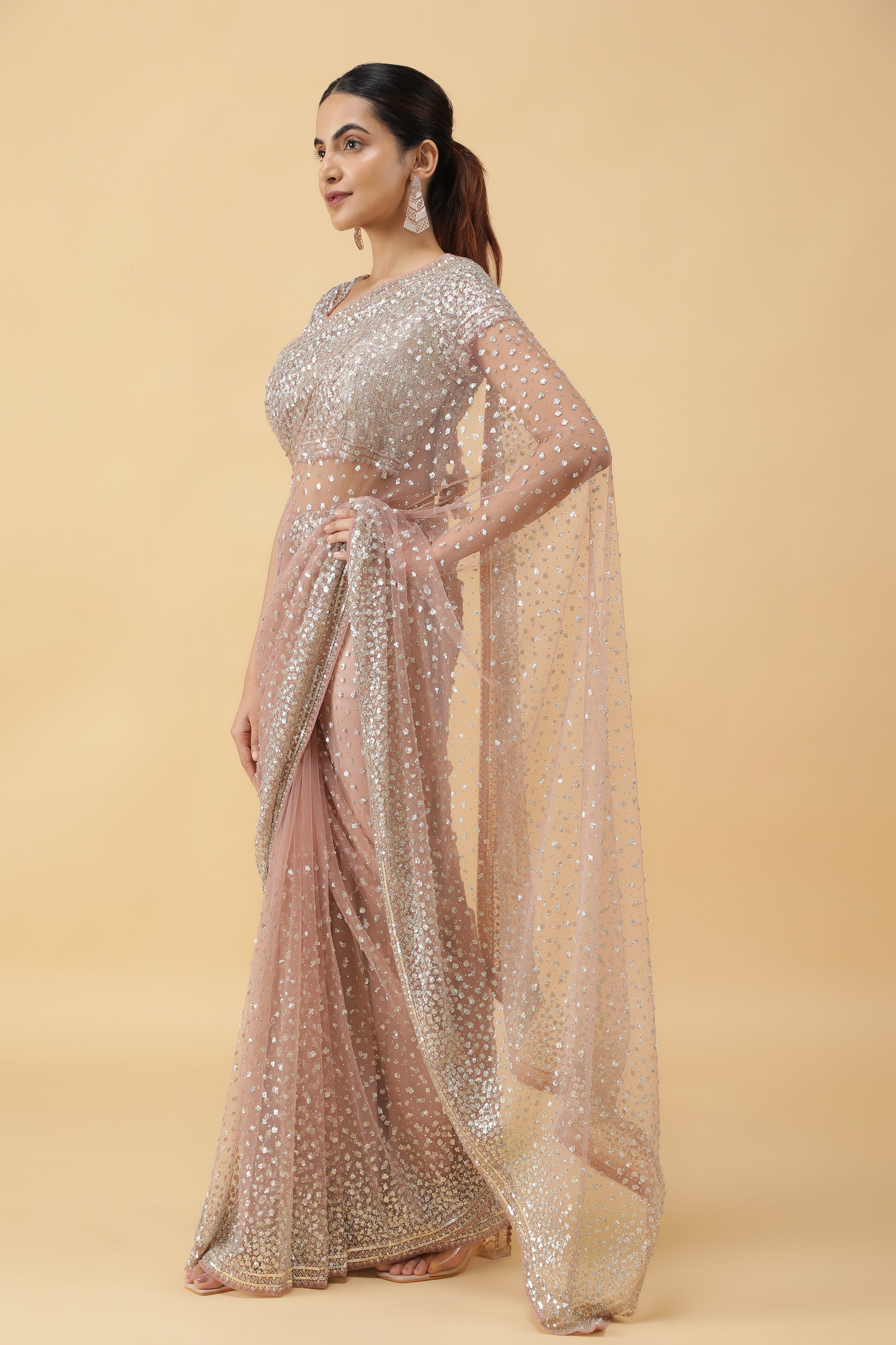 Peach Net Saree Antique Sequins Readymade Blouse