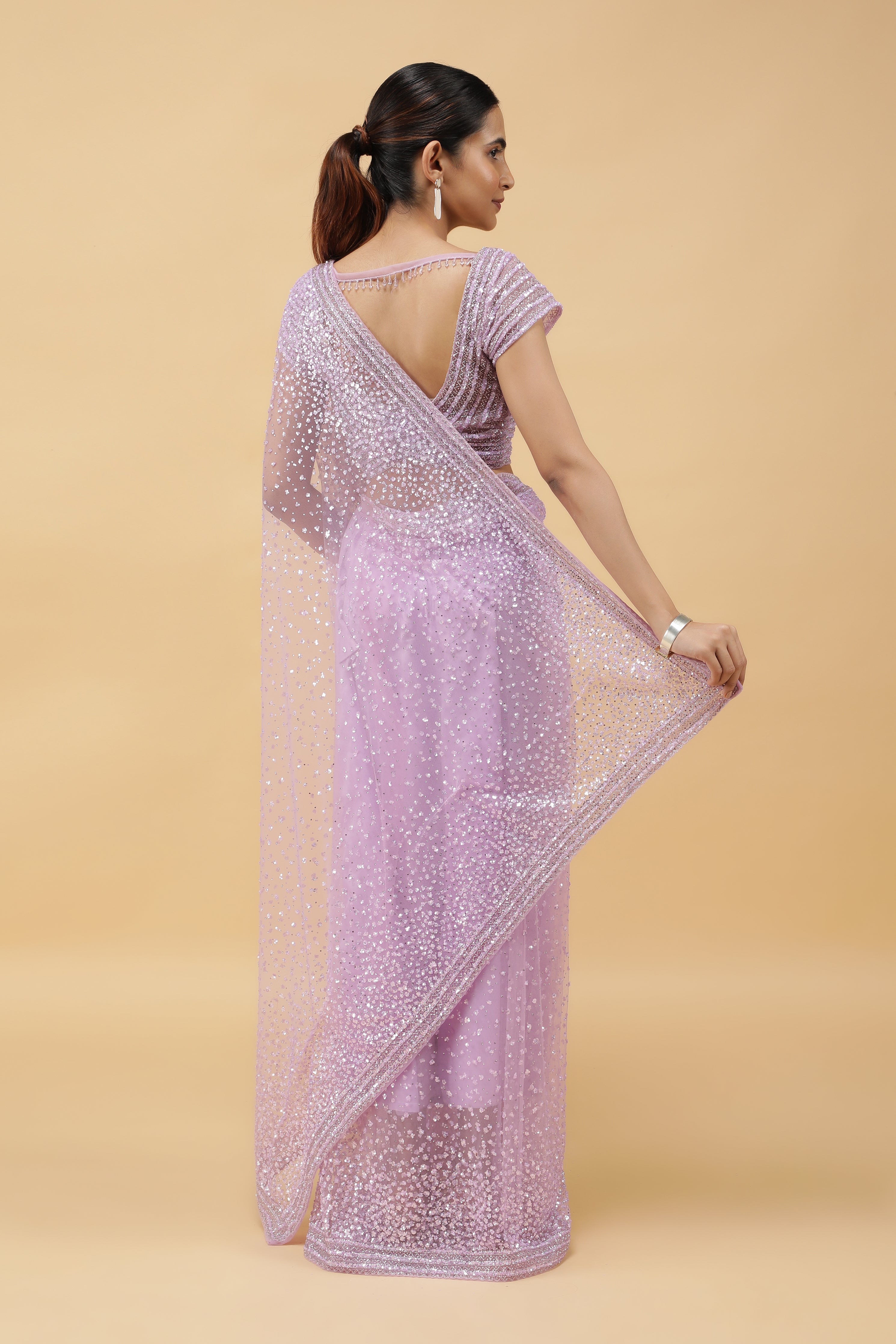 Light Lavender Net Saree with All Over Sequins