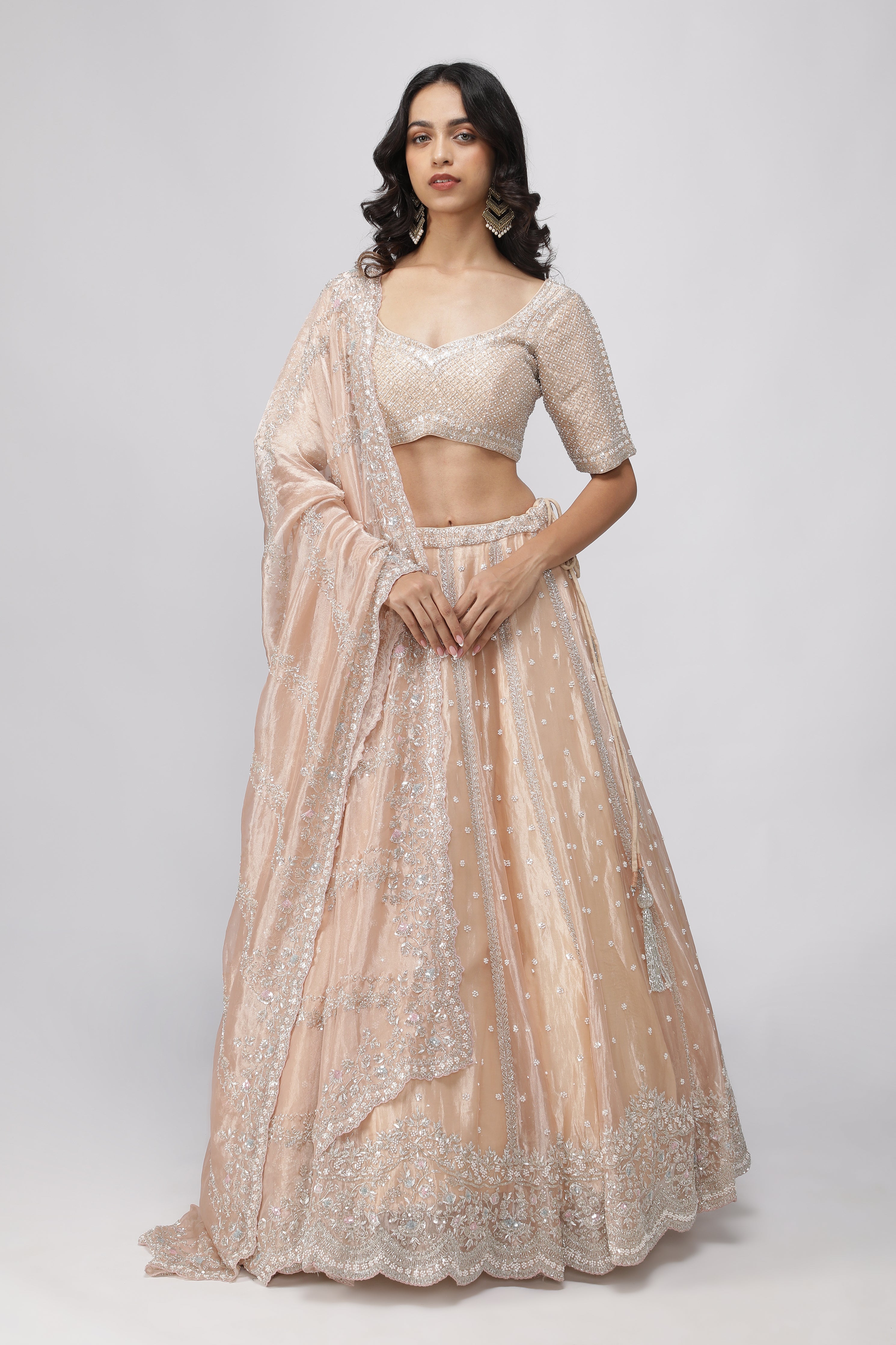Peach Tissue Organza Lehenga Set