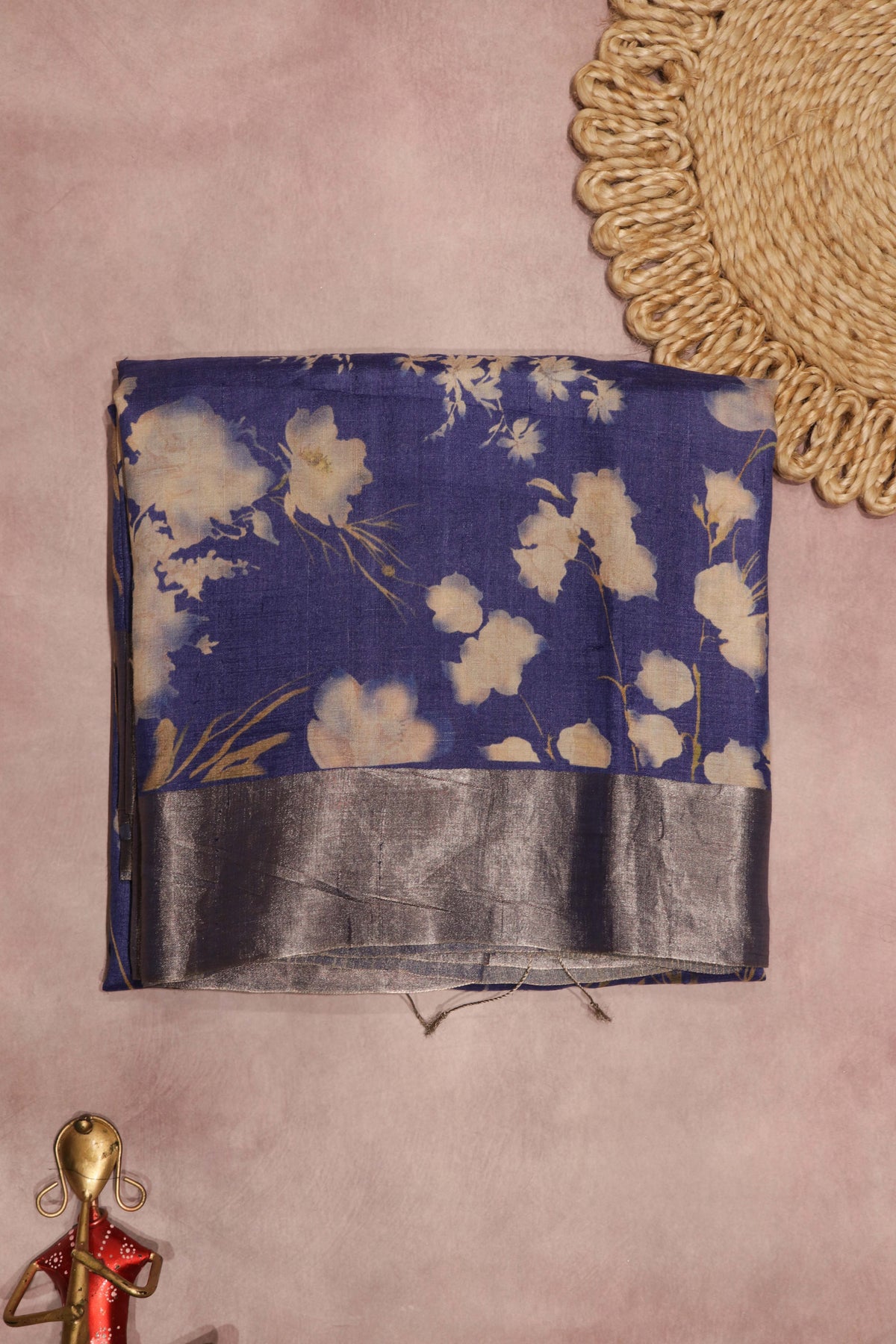 Ink Blue Floral Tussar Silk Saree