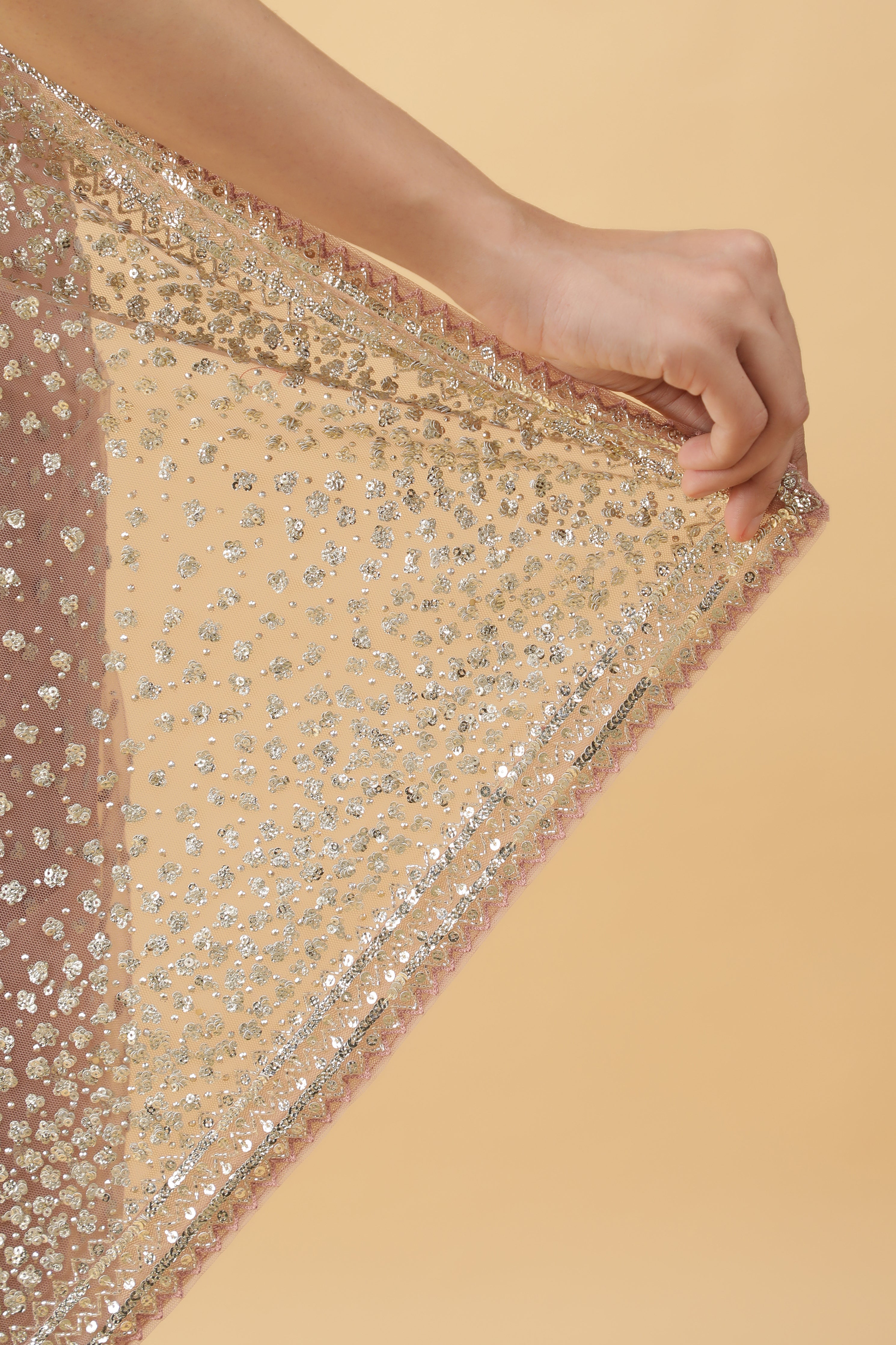 Peach Net Saree Antique Sequins Readymade Blouse