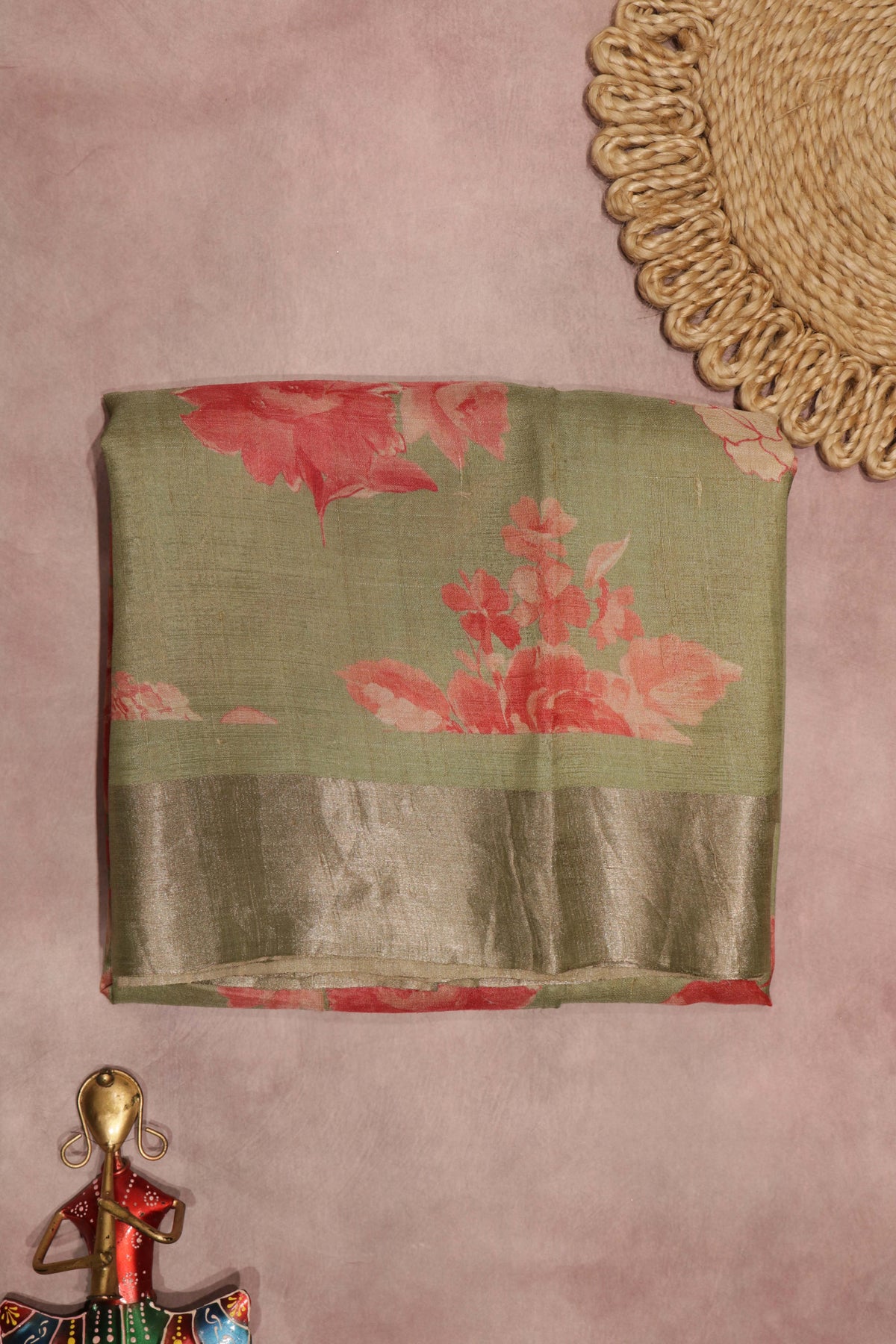 Green Tussar Silk Saree with Floral Print