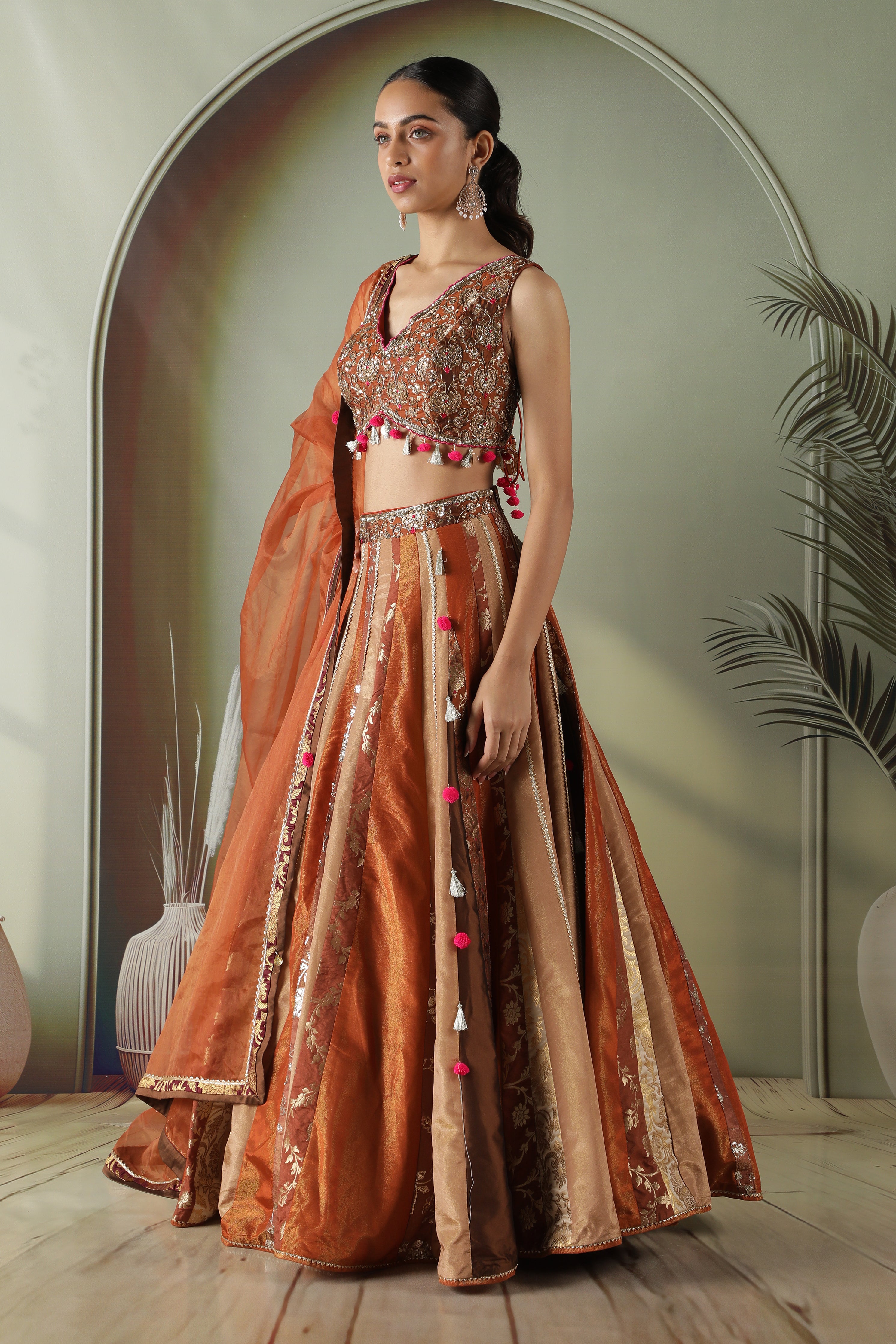 Rust Tissue & Banarasi Lehenga Set