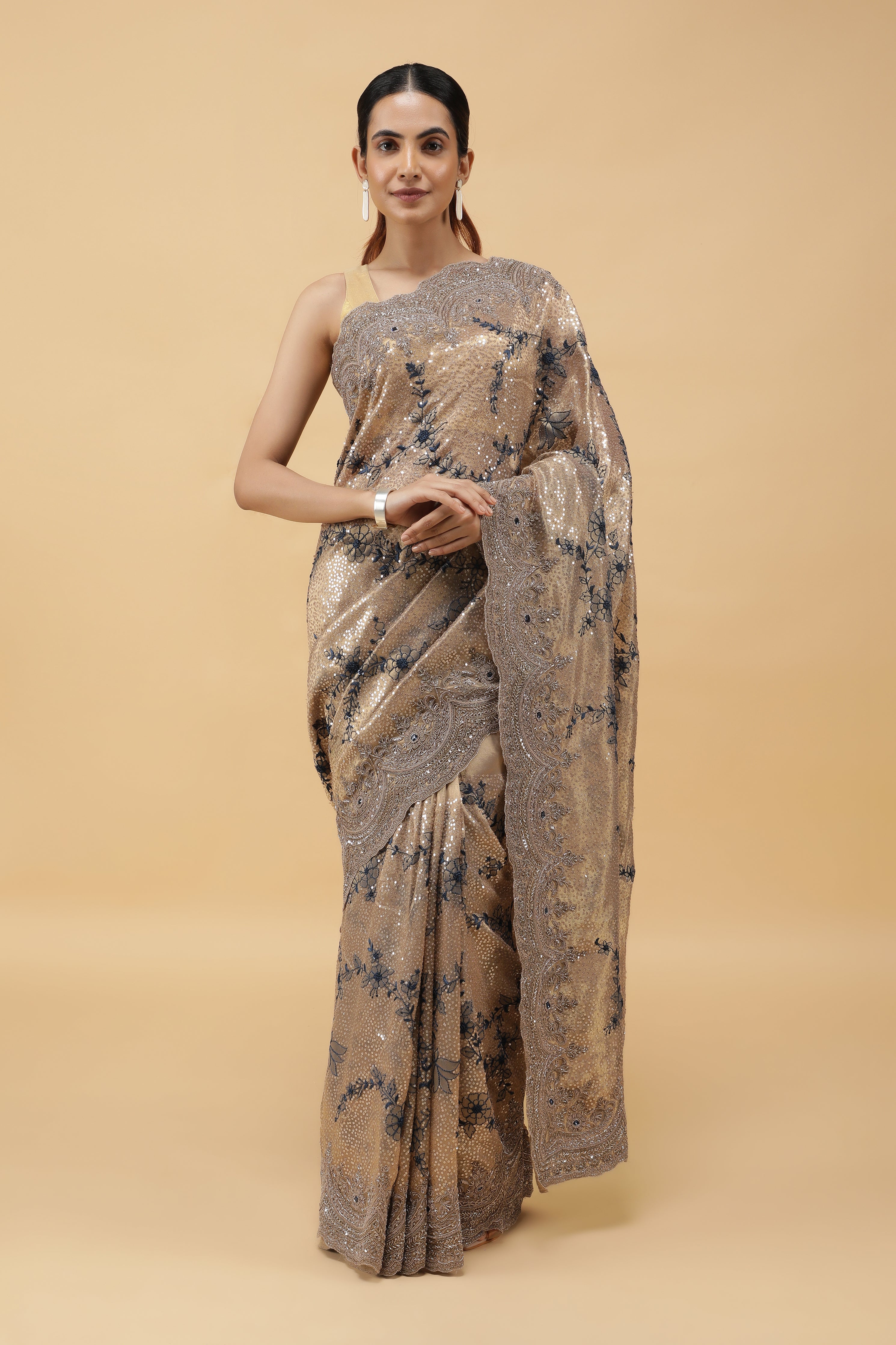 Gold Tissu Organza Saree with Sequins Embroidery & Zardhosi Border
