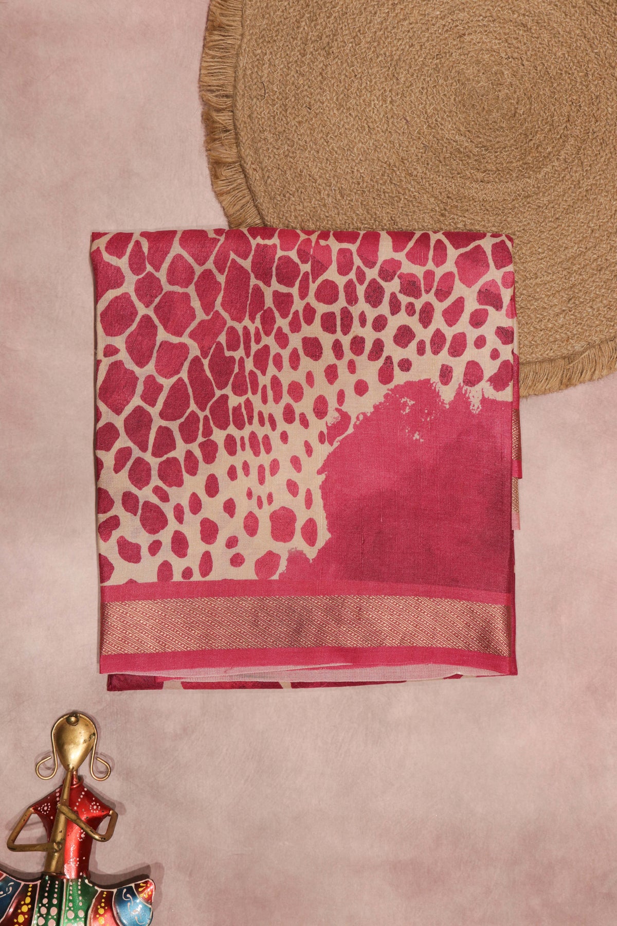 Magenta Pink Geometric Print Tussar Silk Saree