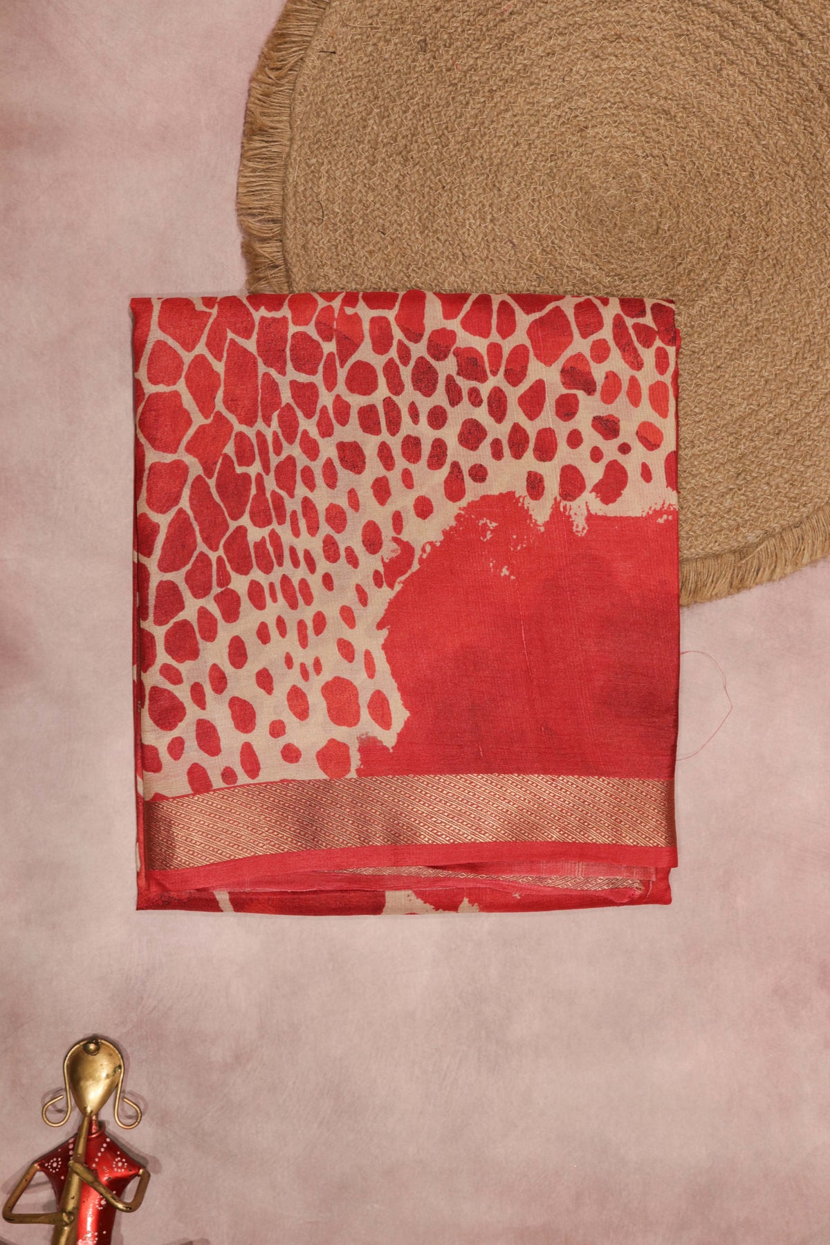 Red Geometric Print Tussar Silk Saree