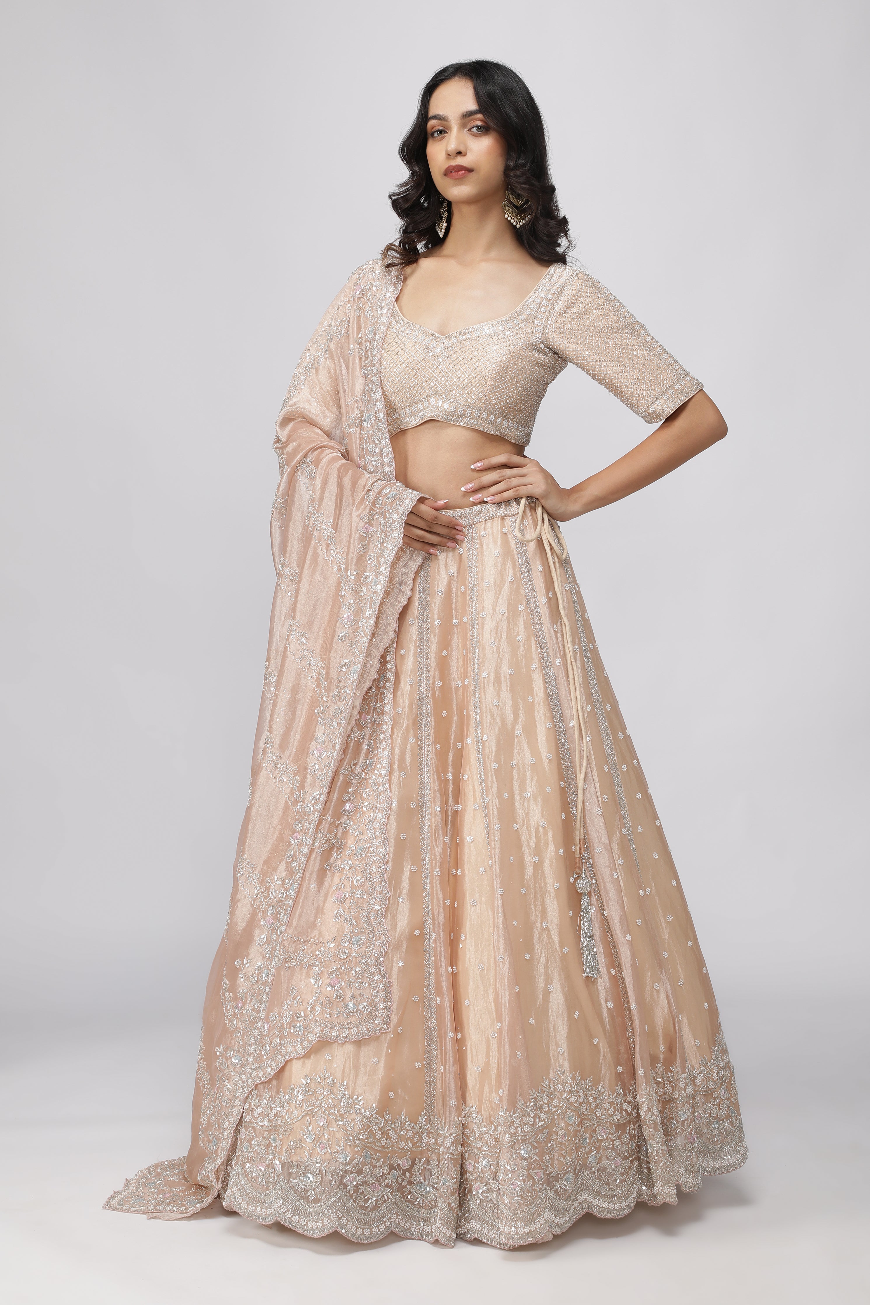 Peach Tissue Organza Lehenga Set