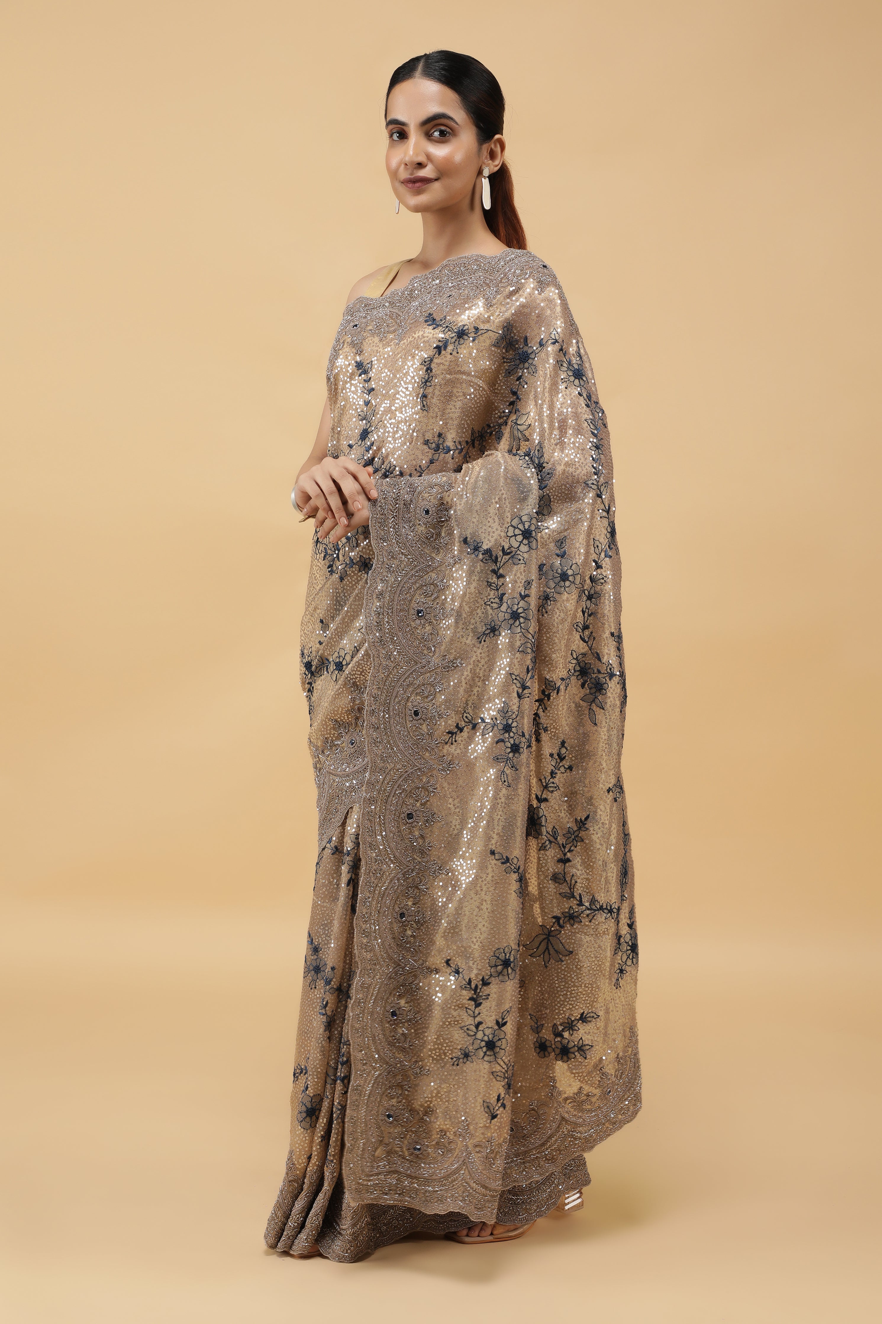 Gold Tissu Organza Saree with Sequins Embroidery & Zardhosi Border