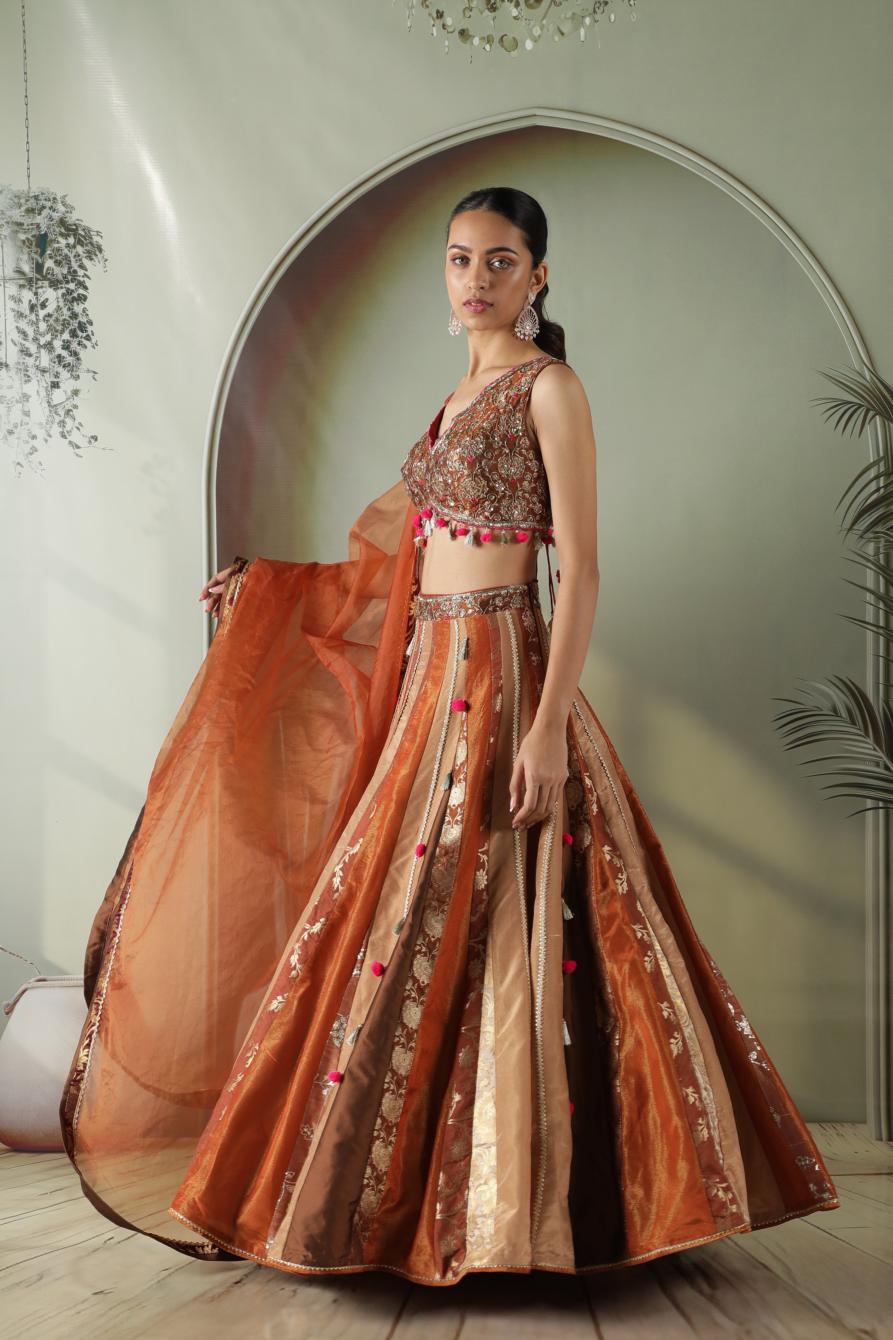 Rust Tissue & Banarasi Lehenga Set