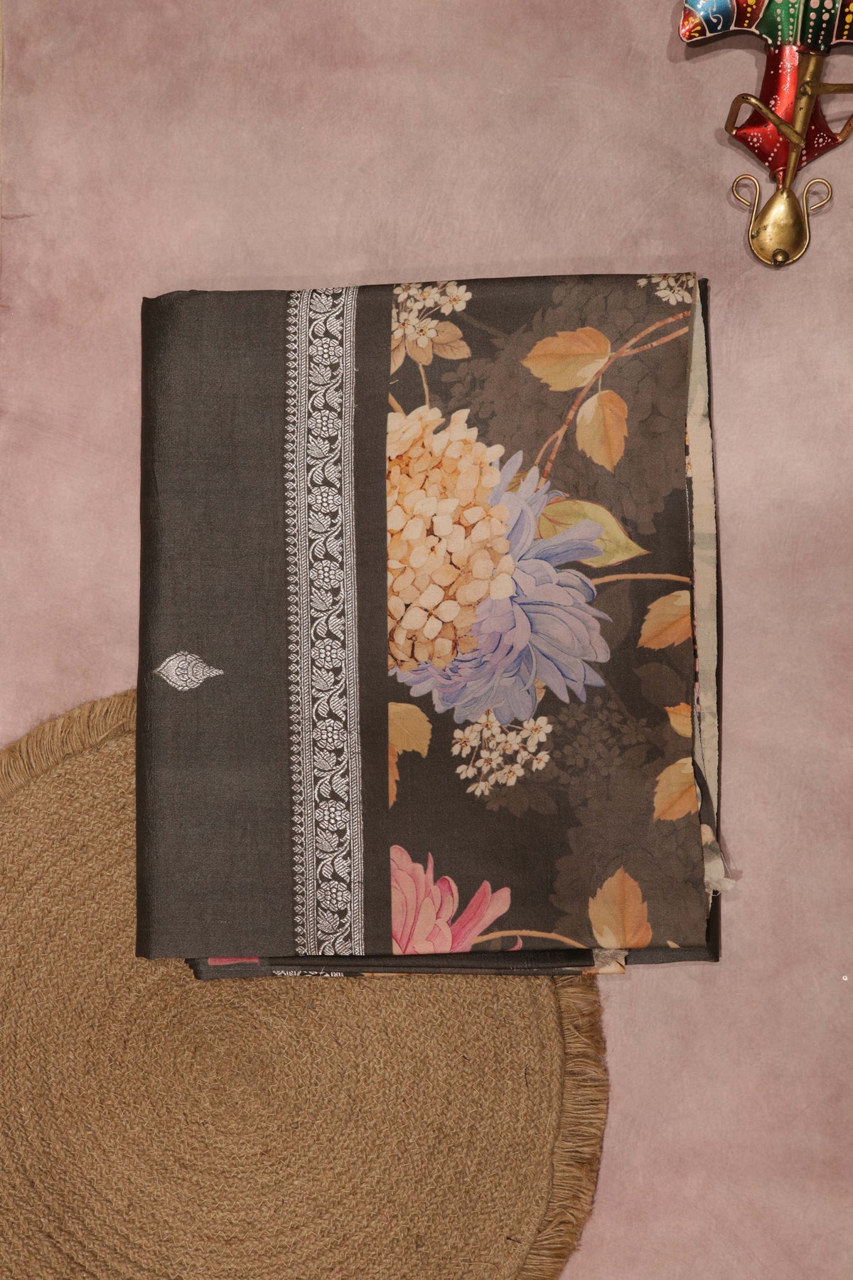 Grey Tussar Silk Saree with Digital Floral Border