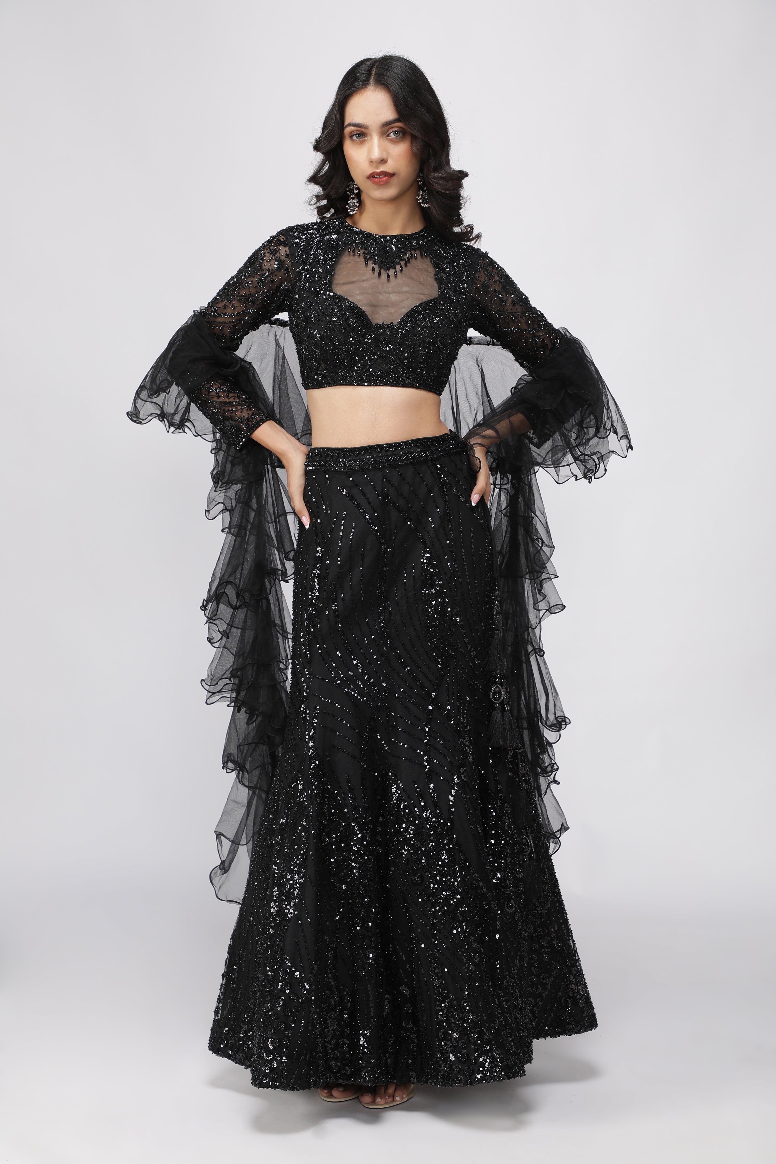 Black Net Sequin Embroidered Mermaid Lehenga Set with Ruffle Dupatta