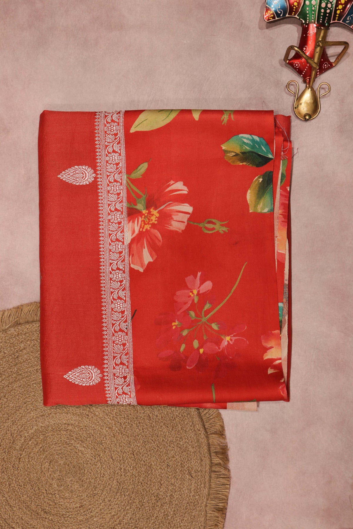 Red Tussar Silk Saree with Floral Digital Print Border