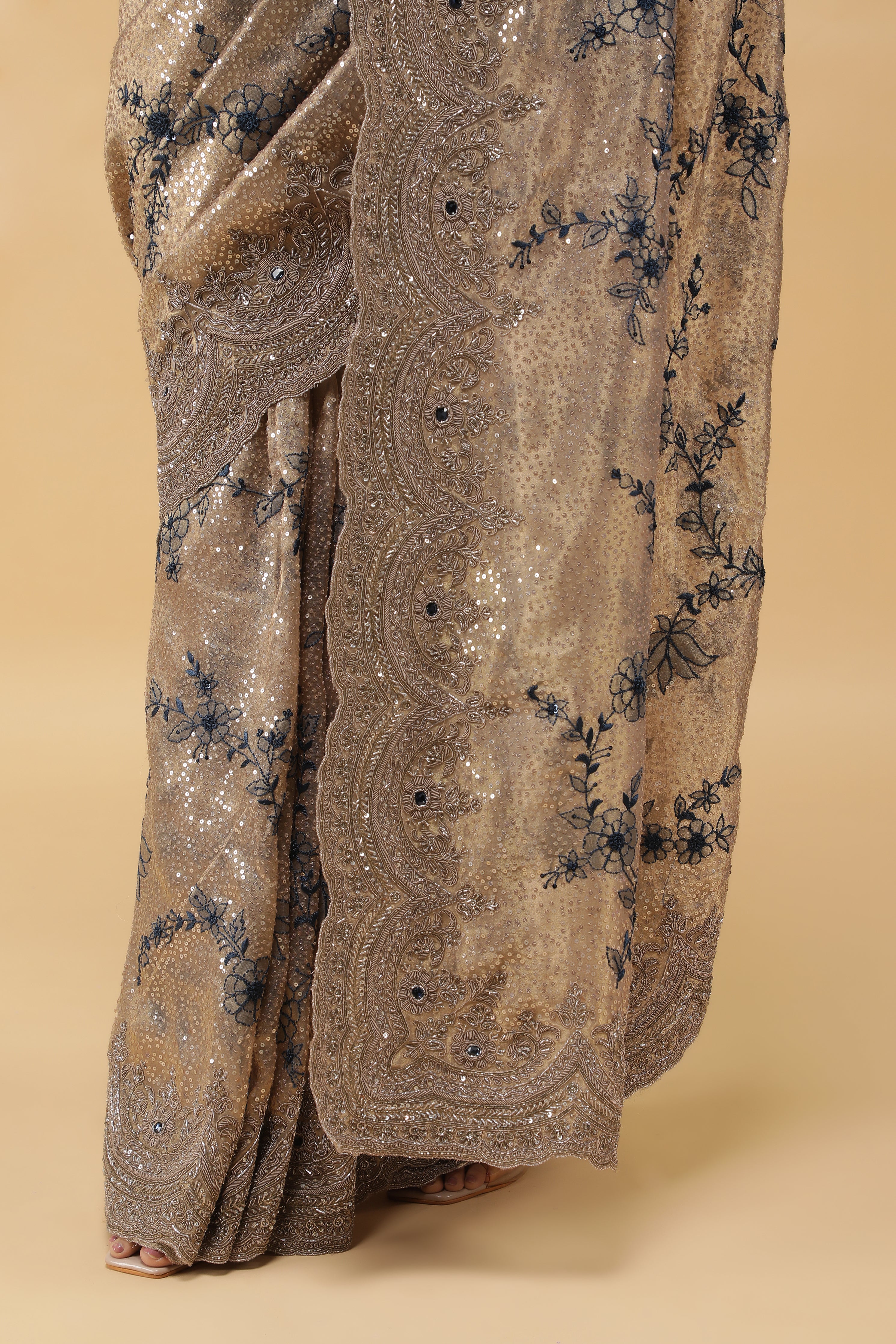 Gold Tissu Organza Saree with Sequins Embroidery & Zardhosi Border